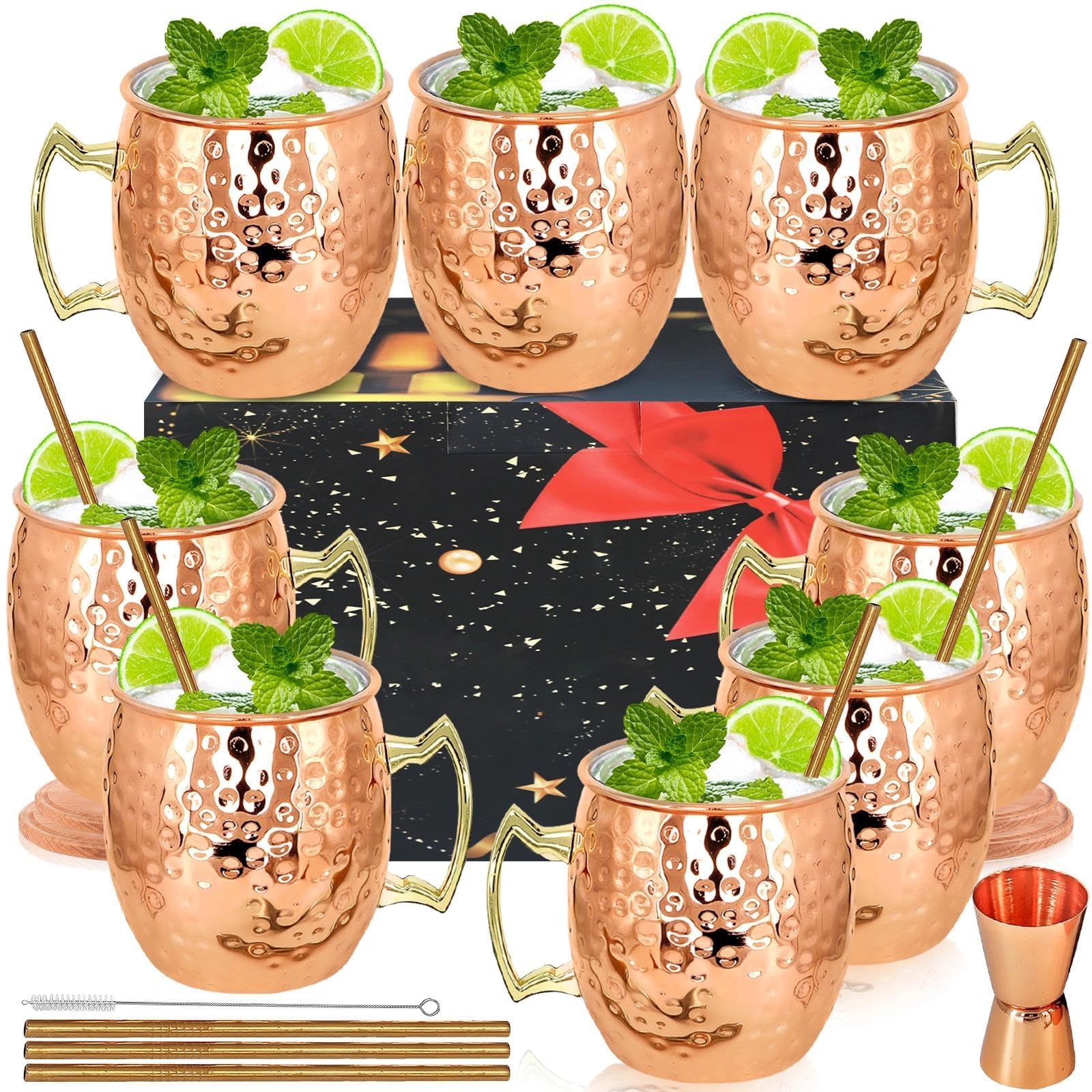 SuproBarware Moscow Mule Mugs Copper Plated 18oz Set of 8 Stainless Steel Moscow Mule Cups Perfect for Cold Drink Cocktails Home Bar with Gift