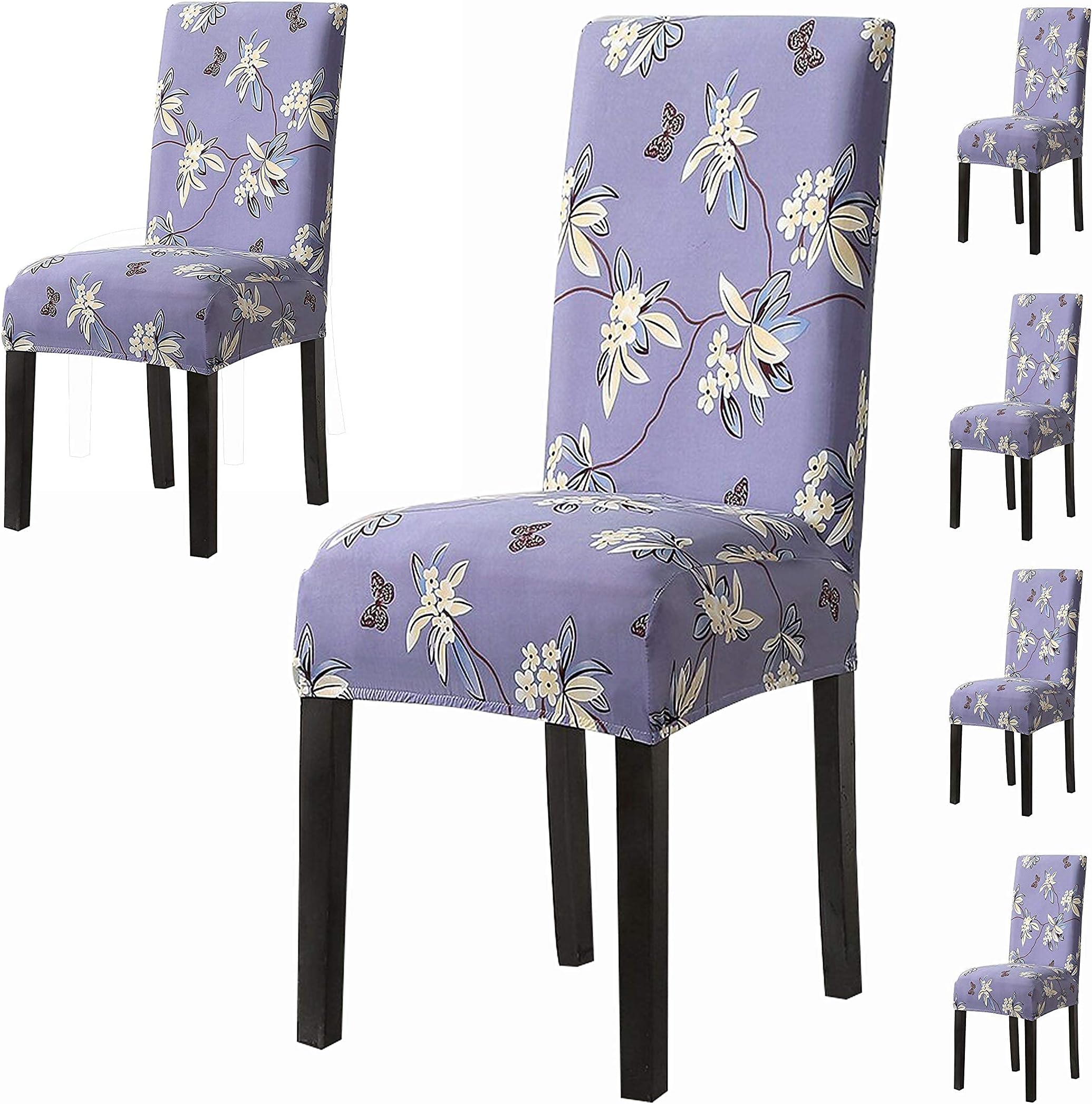 House of Quirk Elastic Chair Cover Stretch Removable Washable Short Dining Chair Cover Protector Seat Slipcover - Purple Flower (Pack of 6)