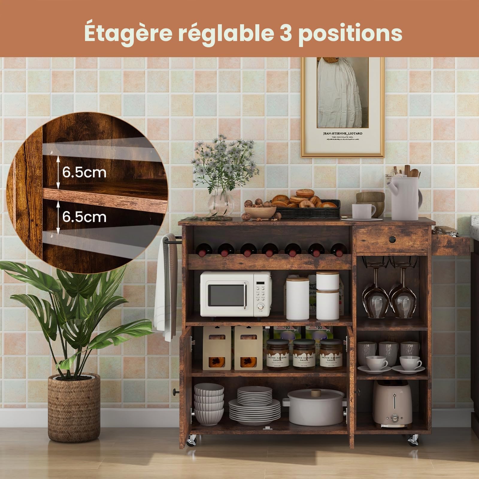 KOMFOTTEU Chariot de cuisine avec îlot de cuisine polyvalent, plateau pliable, étagère à vin, porte-verre, tiroir, étagères, bois rustique marron