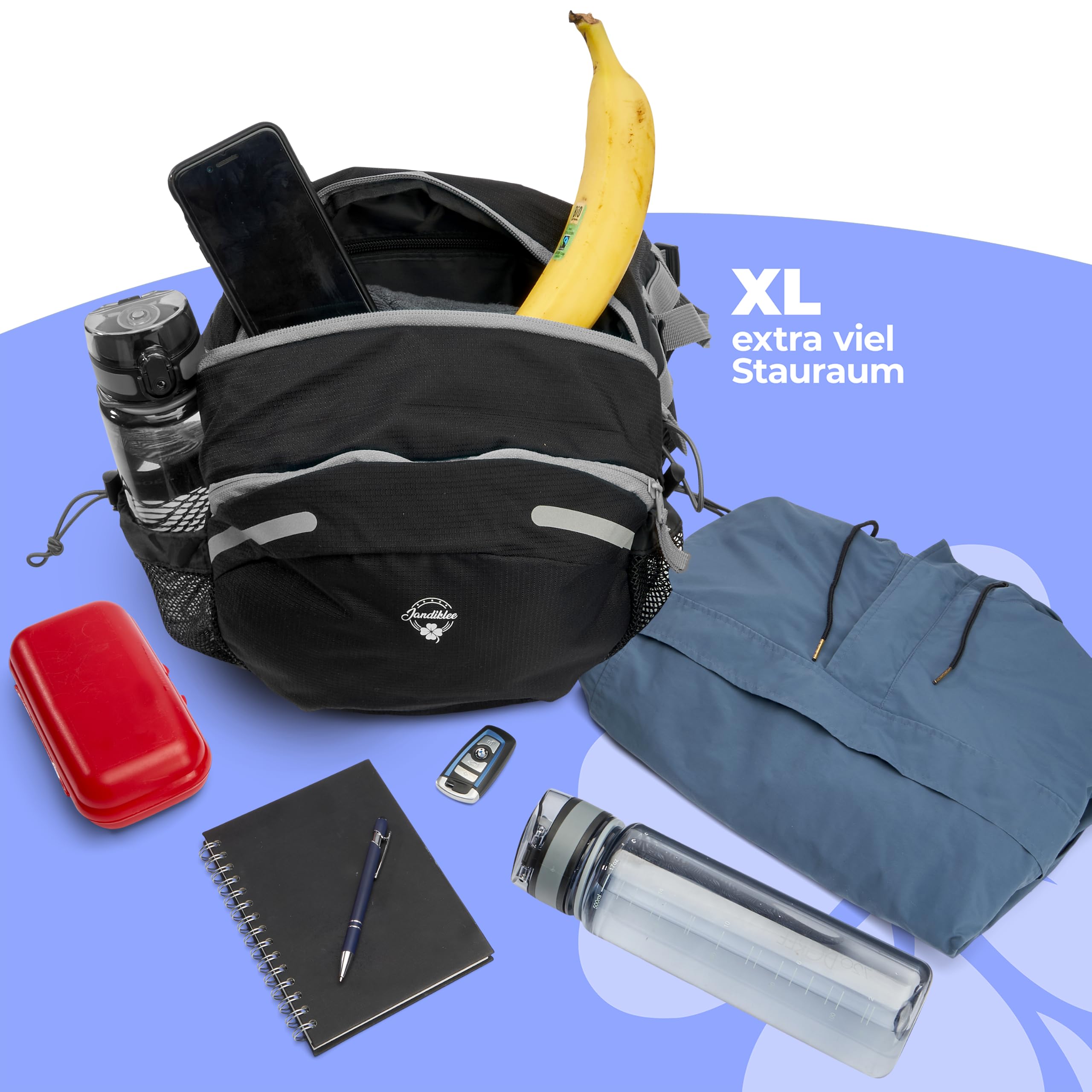 Riñonera para mujer y hombre, XXL, 9 L, con soporte para botella, para correr, para entrenamiento de perros, senderismo, bicicleta, correa acolchada (negro y gris)