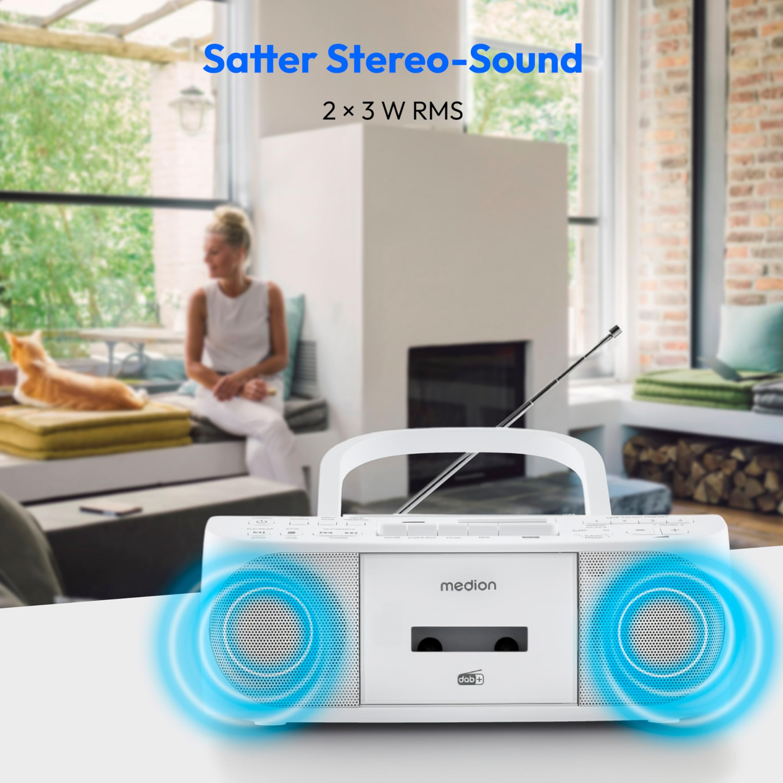 MEDION DRX-1 Plus Boombox (tragbares DAB+ UKW Radio, Bluetooth, CD-Player, MP3, Kassette, Kopfhöreranschluss, Stereo Sound System, AUX, Netz & Batterie) weiß
