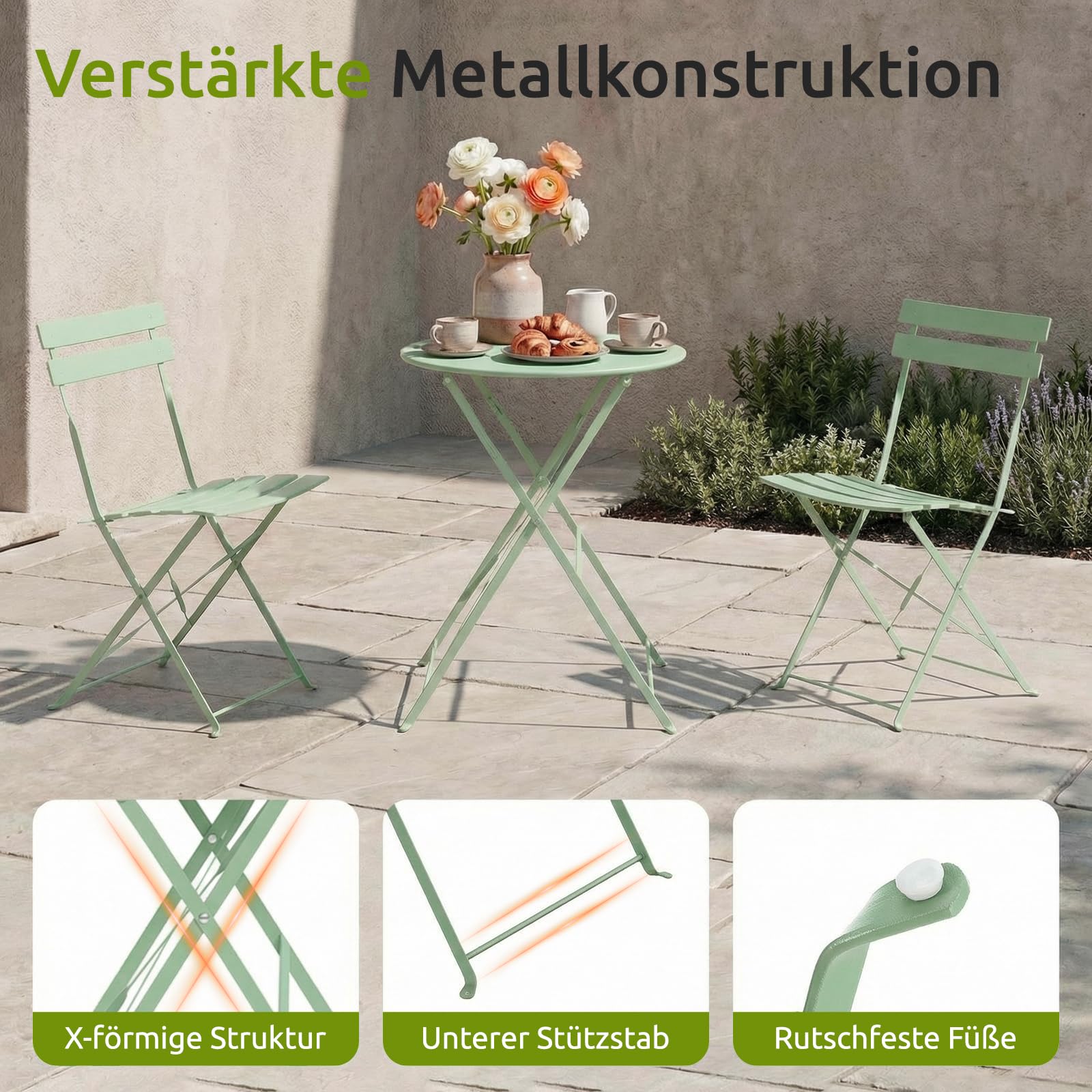 Clevich Bistro Set Balkon Metall, Balkonmöbel Set 3 teilig, Bistrotisch mit 2 Stühlen, Gartenmöbel-Set Outdoor Sitzgruppe, Faltbar und Wetterfest, für Gärten, Terrassen, Grün
