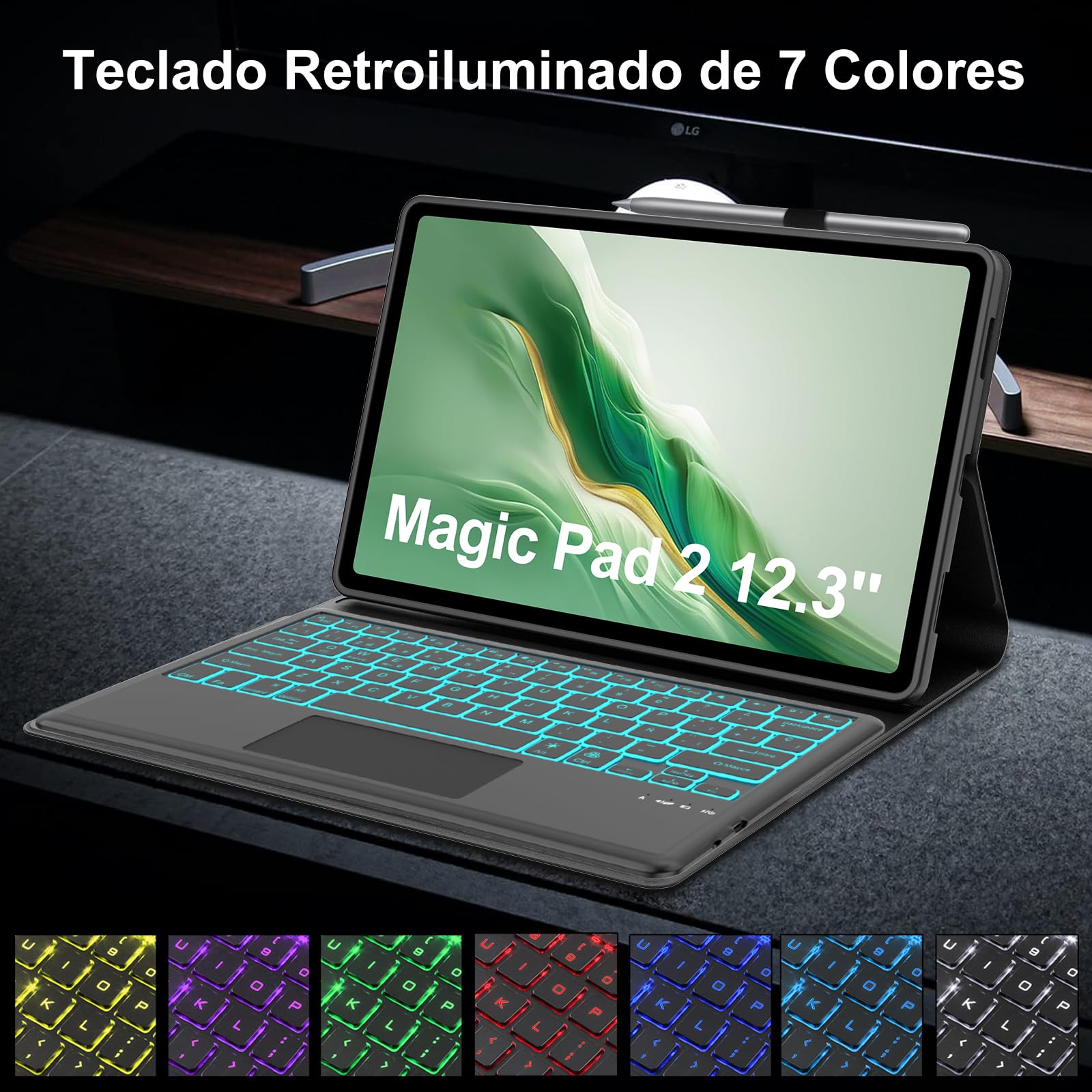 FOGARI Teclado con Touchpad para Honor Magic Pad 2 12.3" 2024 | Funda para Honor Magic Pad 2 con Español Ñ Teclado Retroiluminado Desmontable Inalámbrica para Honor Magic Pad 2 2024, Negro