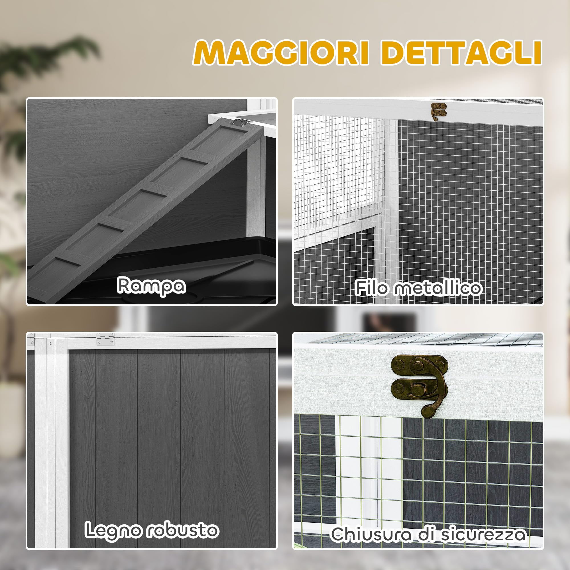PawHut Gabbia per Conigli da Interno Convertibile, Conigliera in Legno Rialzata con Vassoio Estraibile e Tetto Apribile, per Criceti, Criceti Siriani, Gerbilli e Porcellini d'India, Grigio