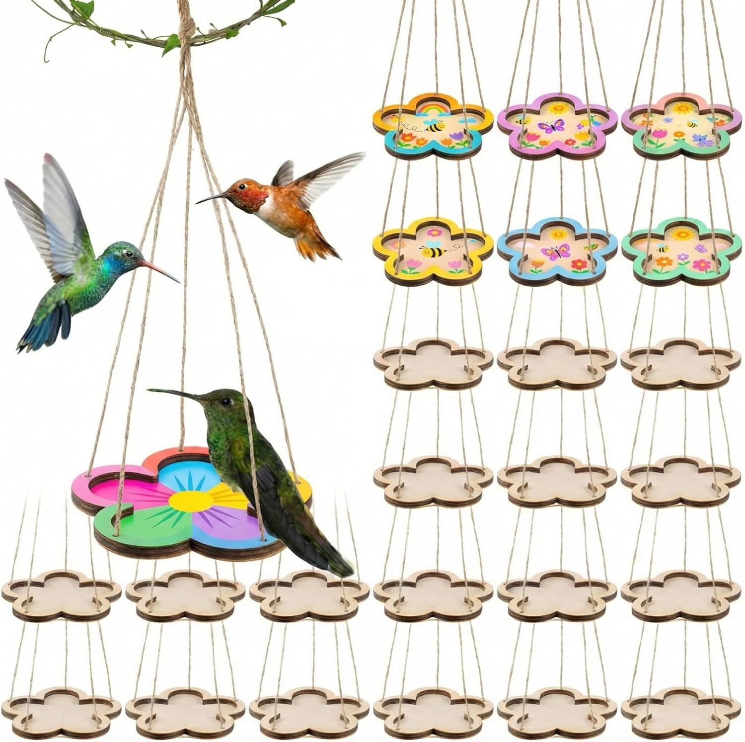 24 Pcs Thickened Wood Bird Feeder Craft Kits for Kids Ages 6+, 1.2cm Thick Hanging Bird Feeders, Painting Crafts for Easter DIY Painting, Outdoor Garden Decoration