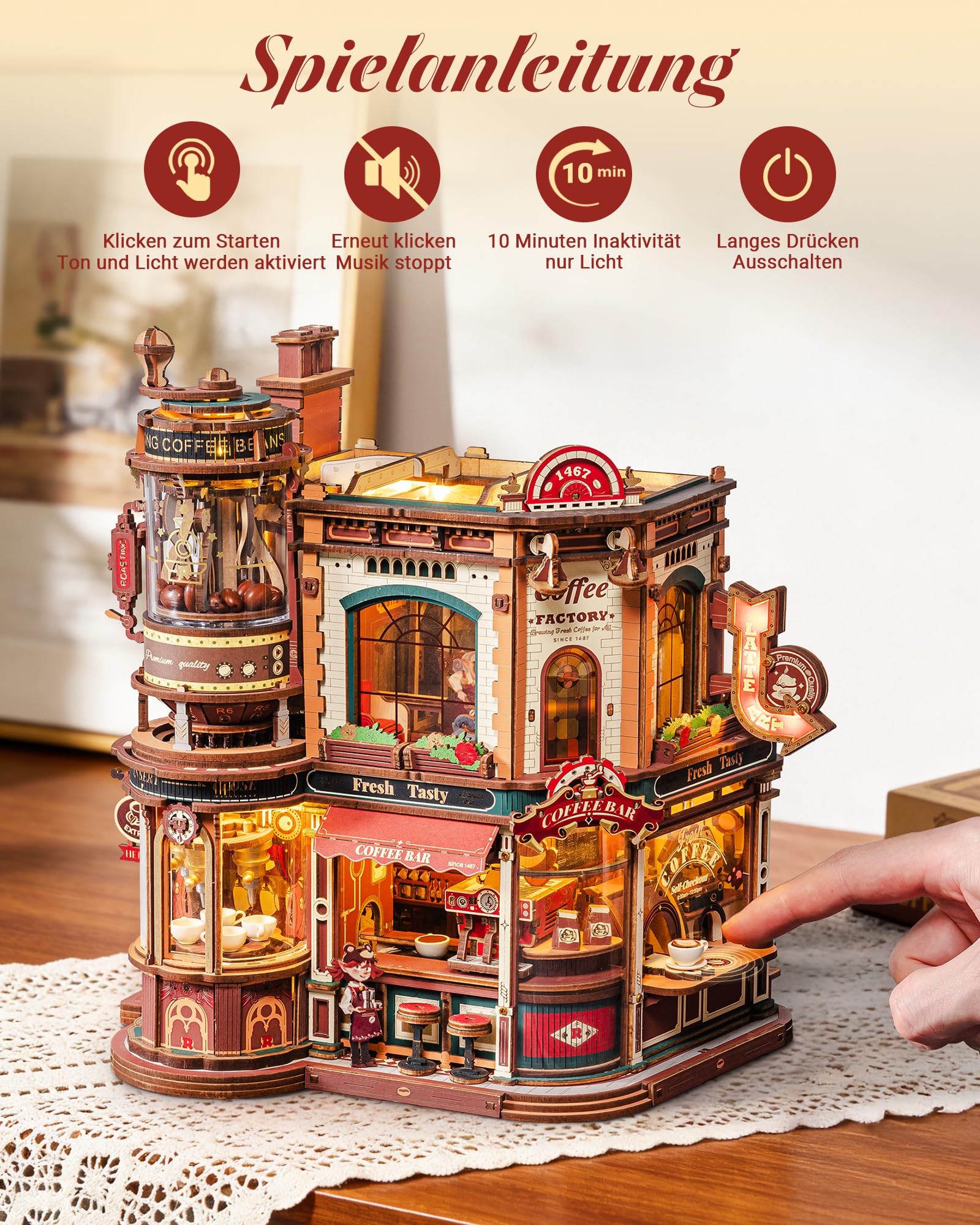ROKR Dream Coffee Factory EAB02 DIY Miniatur Puppenhaus Spieluhr für Erwachsene, Mechanisches Kaffeefabrik Modell mit Beweglichen Teilen, LED Beleuchtung und Jazz Musik, Kreatives Geschenk