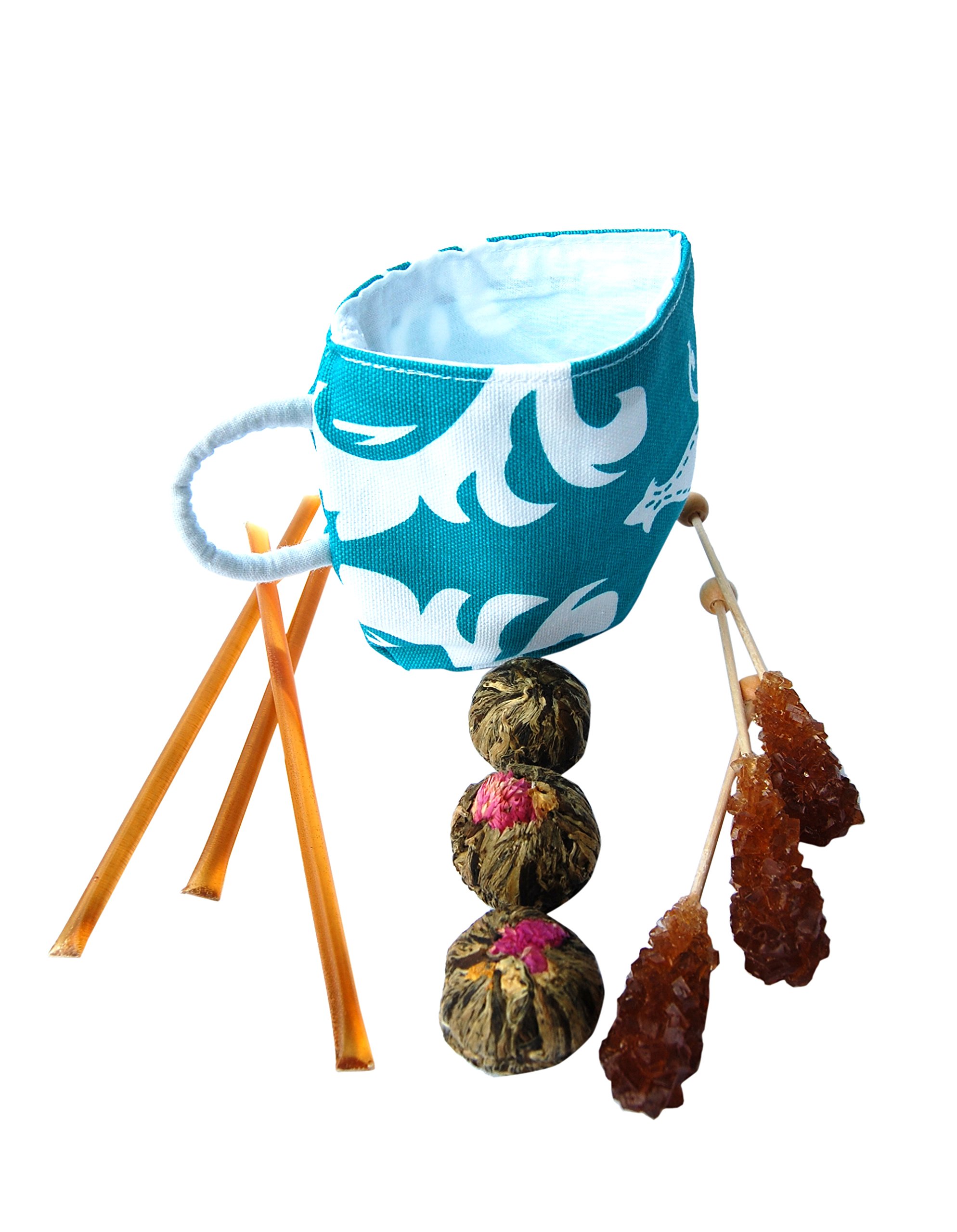 Flowering Tea Gift Pack (5 Blooms, Honey/Sugar Sticks, and Teacup Pouch - Turquoise)
