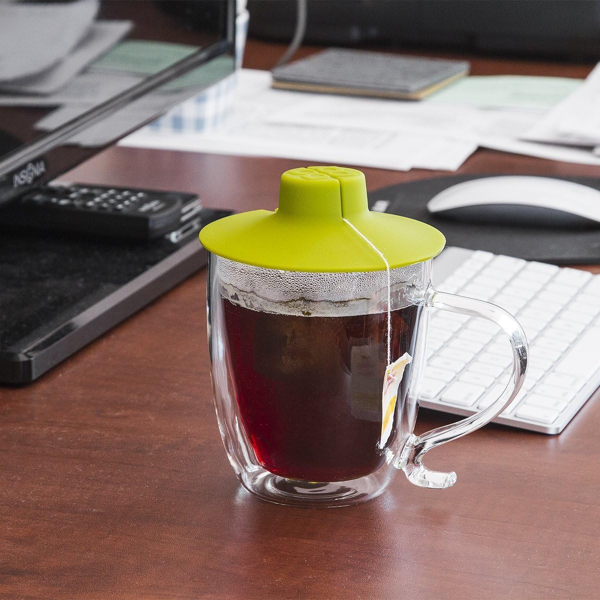 Primula Double Wall Glass Mug and Tea Bag Buddy – Temperature Safe 16 oz. Clear Glass Mug – 100% Food Grade Green Silicone Tea Bag Buddy – Dishwasher and Microwave Safe Set