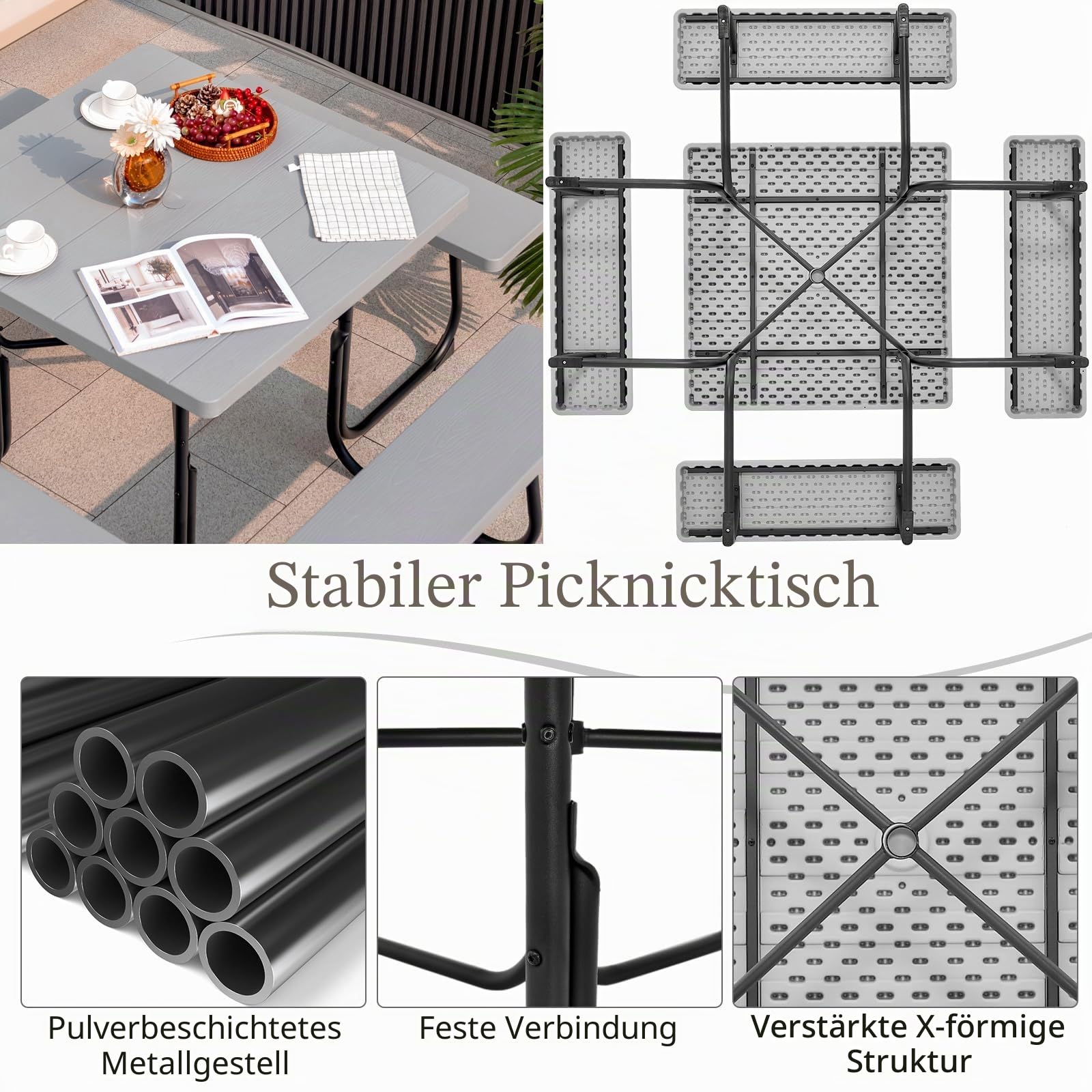 KOMFOTTEU Bierzeltgarnitur für 8 Personen, Quadratisches Picknicktisch Set mit Schirmloch & 4 Bänken, Gartenmöbel Set aus HDPE & Metall, Gartengarnitur Sitzgarnitur für Terrasse (Grau)