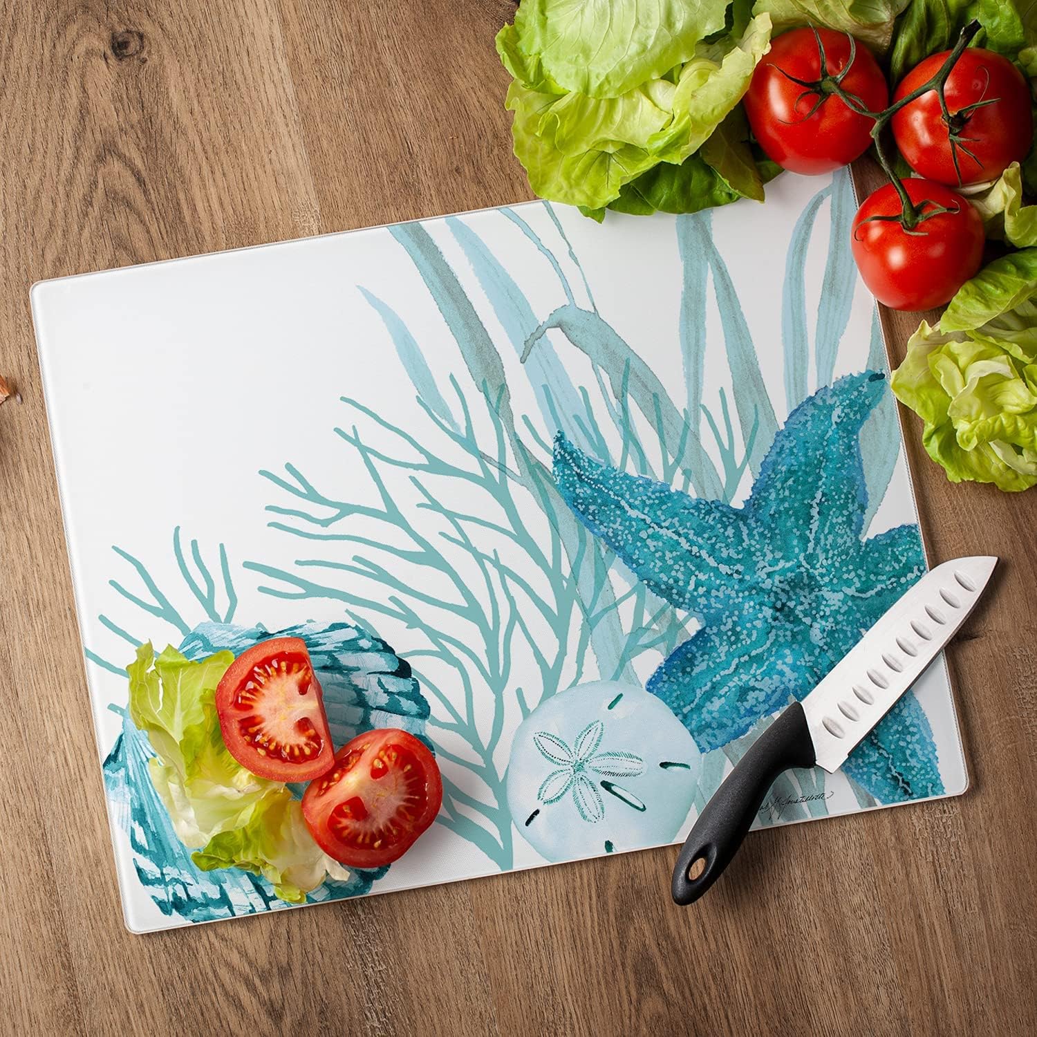 Coastal Coral Life Tempered Glass Cutting Board with Non-Slip Feet