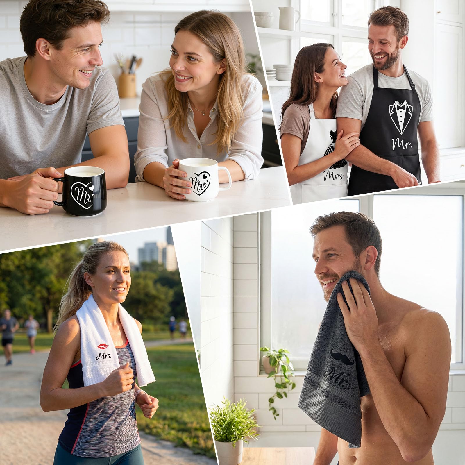 TUZELIYA Miglior regalo romantico di nozze per sposi – Regali di fidanzamento per sposi con grembiuli, tazze da caffè e asciugamani in 100% cotone, regalo di compleanno per lui e lei, Mr & Mrs