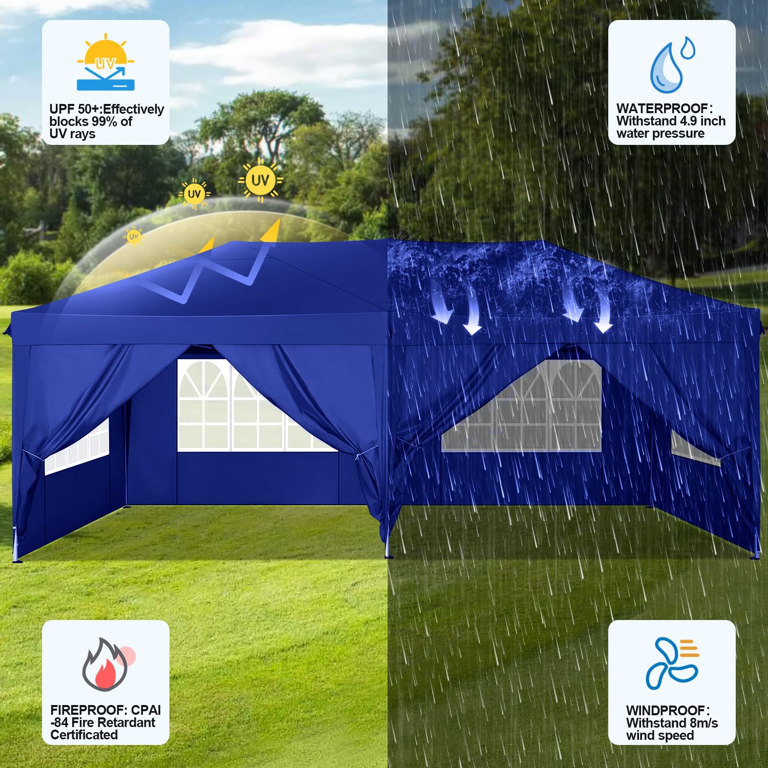 Gazebo Da Giardino HOMASIS 3x3 M - Impermeabile, Con Protezione UV, Pareti Laterali E Finestre Rimovibili, Per Feste, Matrimoni, Colore Bianco