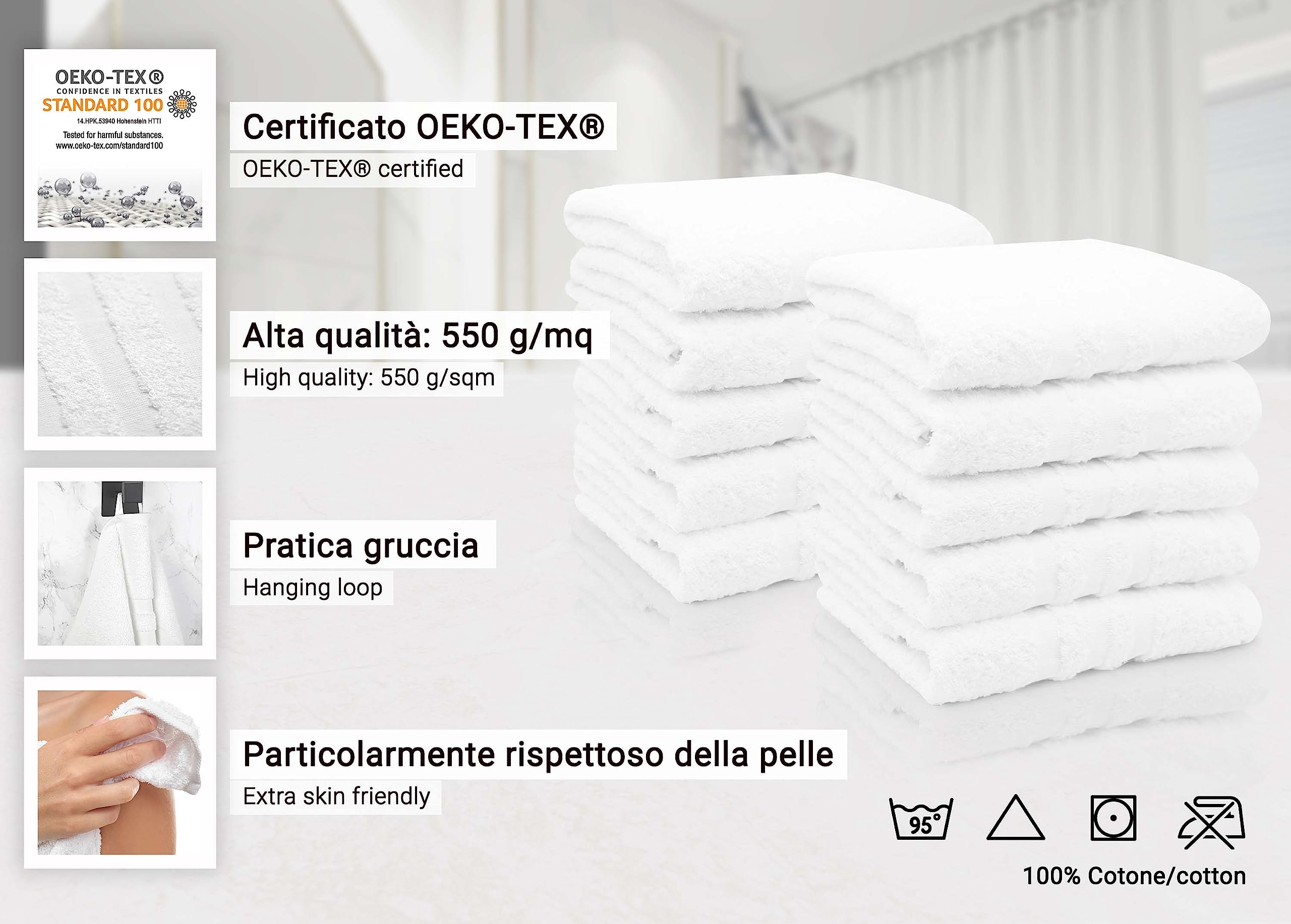 Set Di 10 Asciugamani Da Bagno ZOLLNER - 50x100 Cm, 550 G/mq, Cotone 100%, Bianchi, Con Bordo A Righe - Foto 2