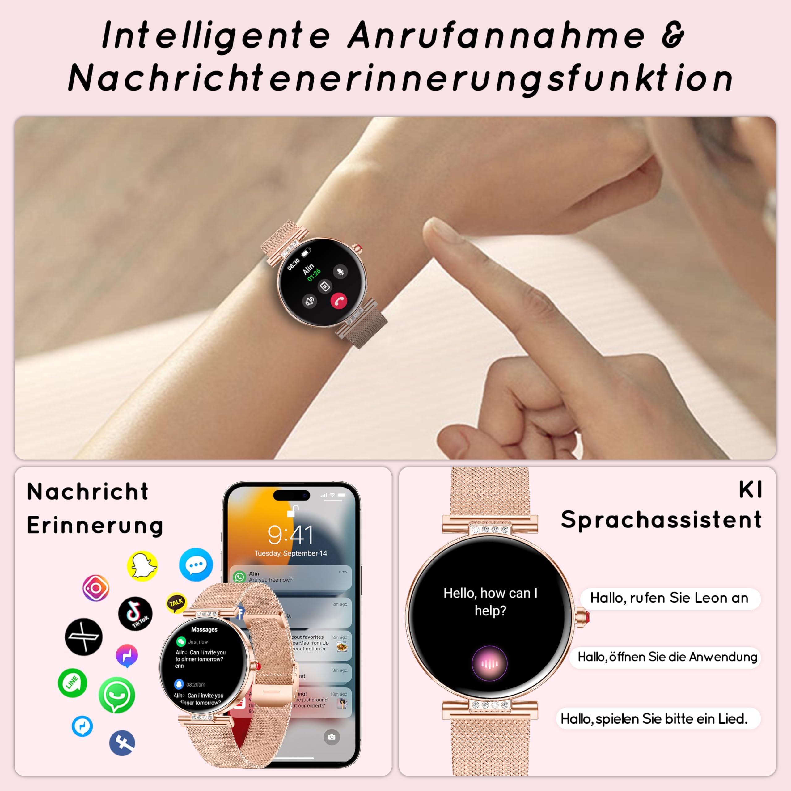Smartwatch Damen Rund (3 Armbänder) 1,19" HD AMOLED Fitnessuhr mit Geschenk | Telefonfunktion Herzfrequenz SpO2 Schlafmonitor, 120+ Sportmodi Schrittzähler, IP68 Wasserdicht für iOS/Android, Roségold