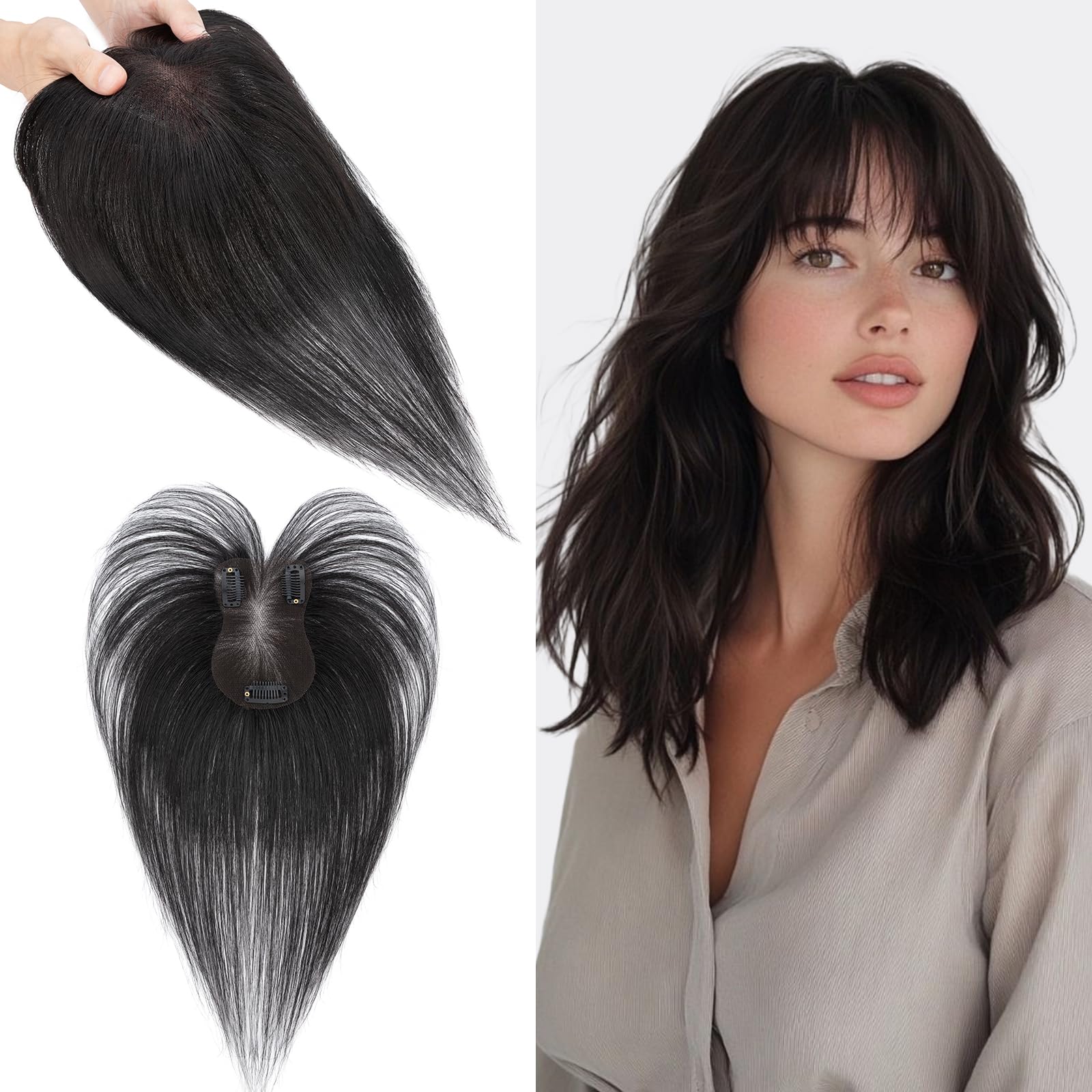S-noilite Hair Toppers for Women Human Hair with Air Bangs - 7x11cm Hand-stitched Base 360° 3D Coverage Natural 14g (Natural Black #1B)