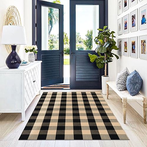 Vista 324 de KILOCOCO Alfombra de rayas beige de 2.3 x 3.6 pies para interiores y exteriores, alfombra tejida a mano de algodón lavable a rayas para puerta Rayas