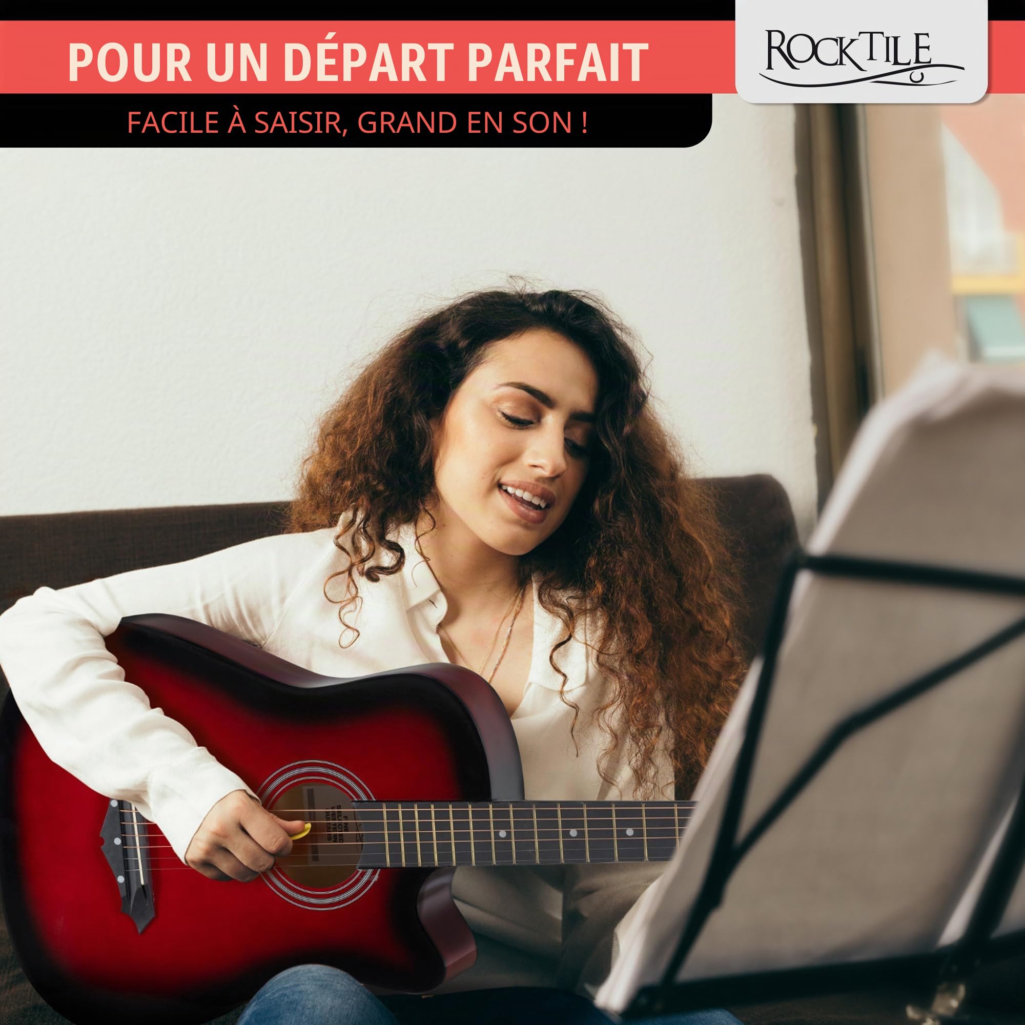 Rocktile WSD-5C-RDB Slim Line Set de Guitares Western - Guitare Acoustique Dreadnought - Corps en Tilleul - Manche : Catalpa - Set incluant housse, cordes de rechange, sangle et médiators - Redburst
