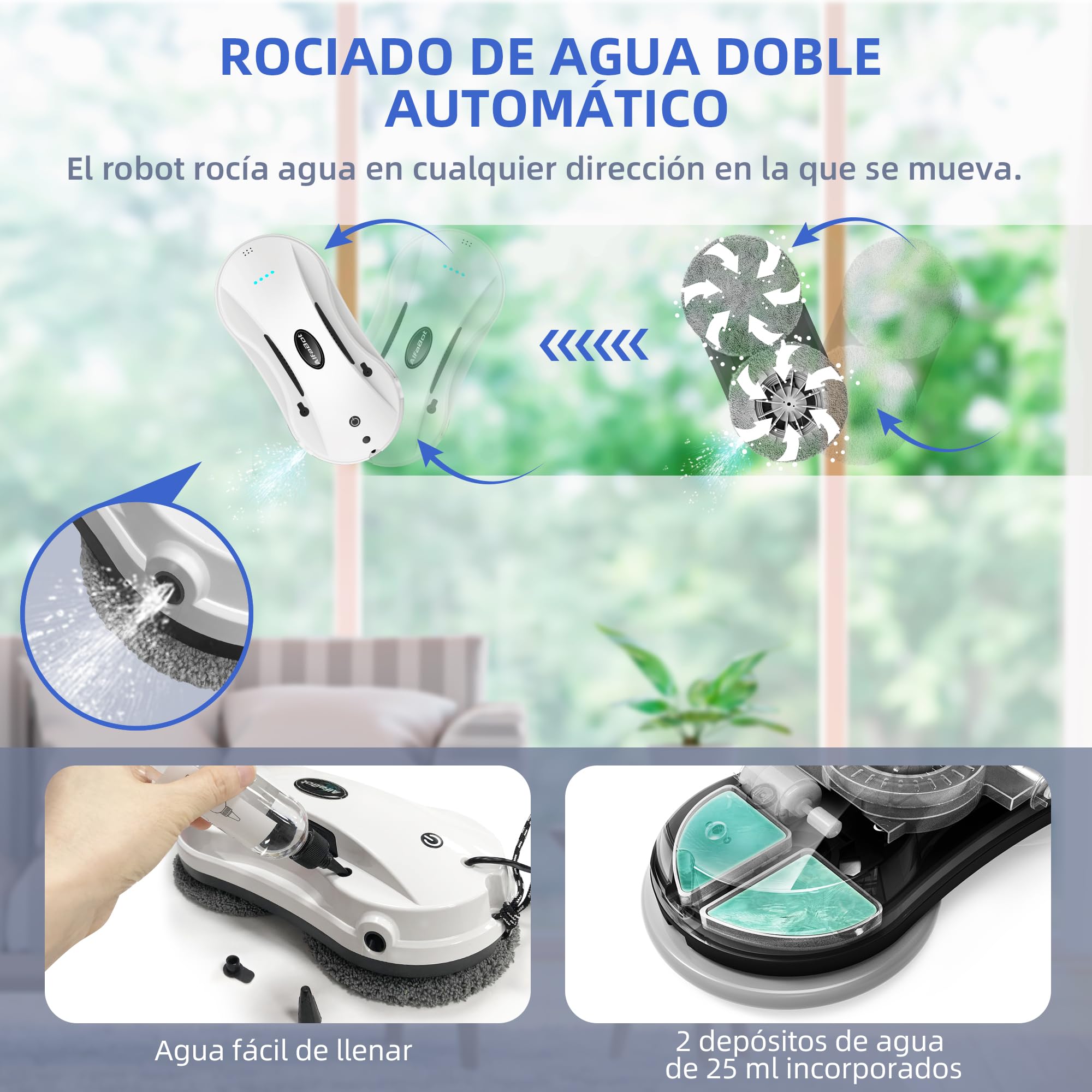 AlfaBot X7 Robot Limpiacristales, Robot Eléctrico para Limpieza de Ventanas con Pulverizador de Doble Dirección y Tanque de 50ml para Lavar Todas Las Superficies Lisas