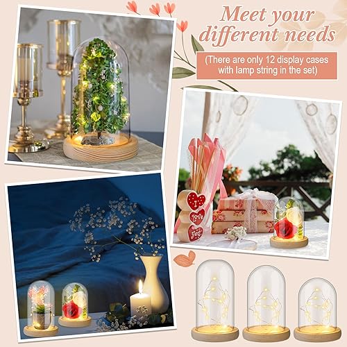 Miniatura 5 de Roowest 6 unidades de cúpula de plástico Cloche con base de madera rústica y luz LED cúpula de plástico para decoración de mesa de boda rosa centro