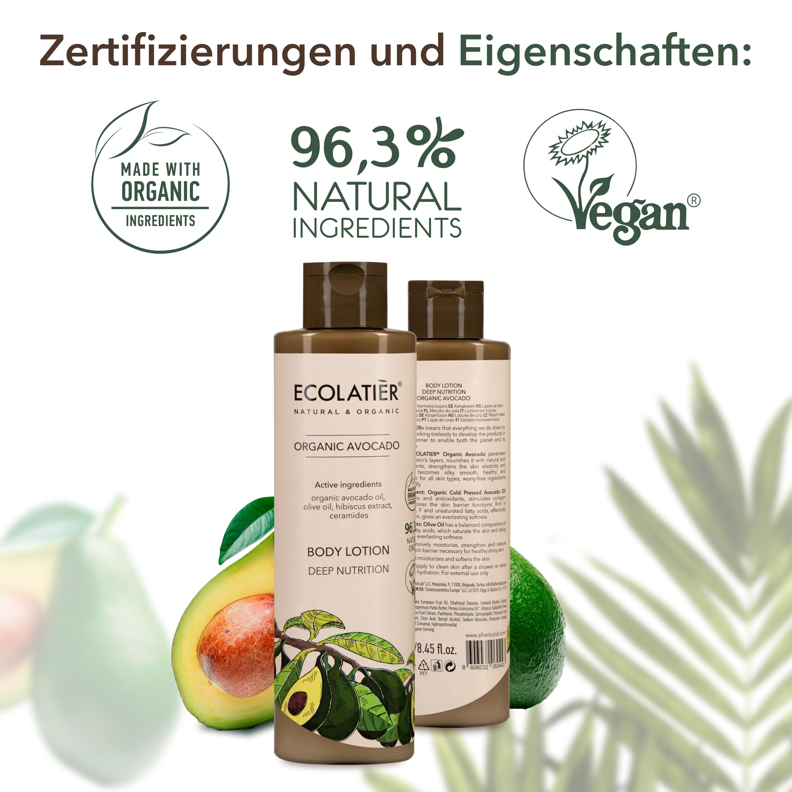 Tiefenwirksames Duschgel mit Bio-Avocado - 97.5% Natürliche Inhaltsstoffe, Vegan, Tierversuchsfrei, sanfte Pflege für Männer & Frauen - 350 ml/ECOLATIER