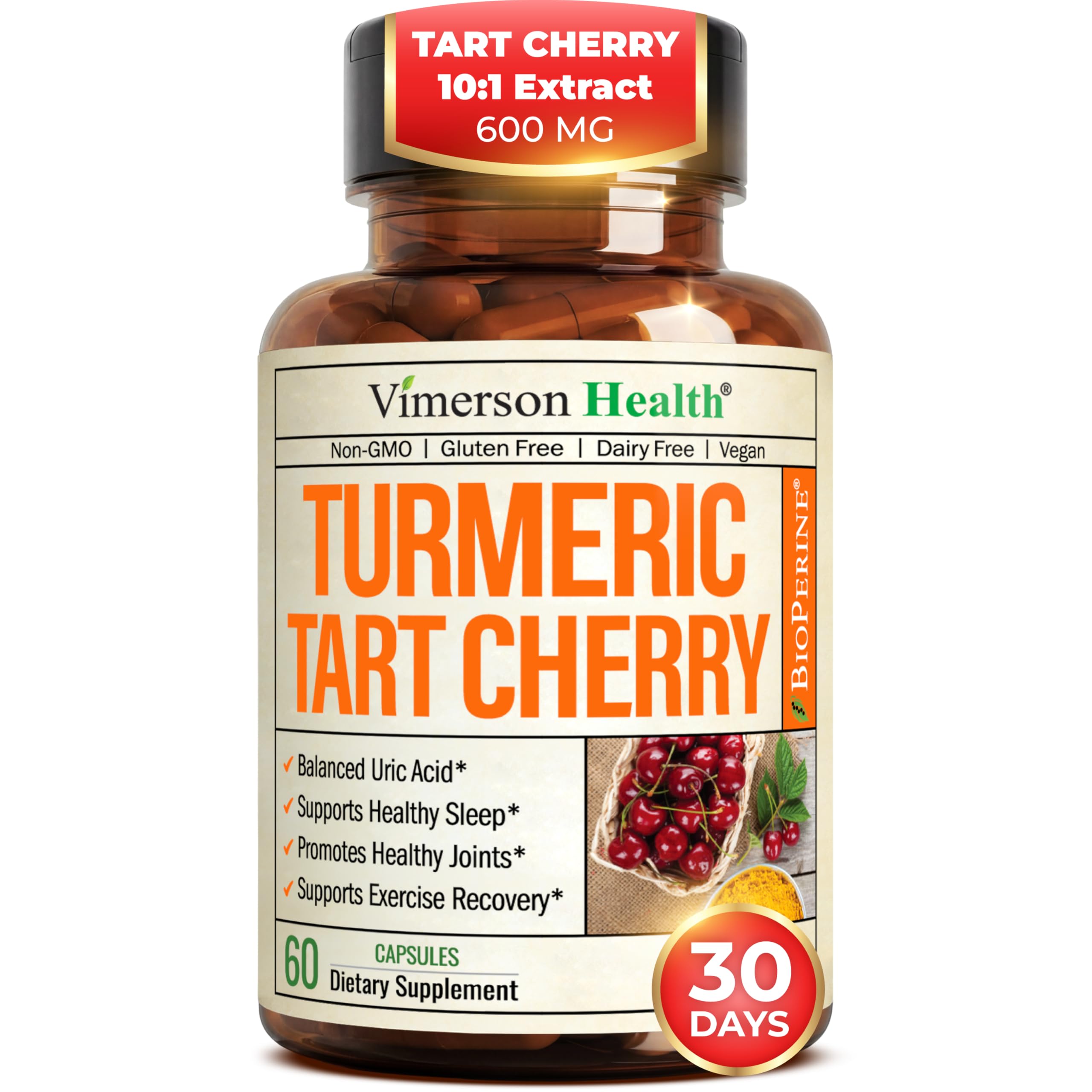 Turmeric Curcumin Supplement with 10:1 Tart Cherry Extract & Celery Seed Extract – Natural Uric Acid Balance, Joint Health & Sleep Aid – Turmeric Curcumin with Black Pepper – 60 Tart Cherry Capsules