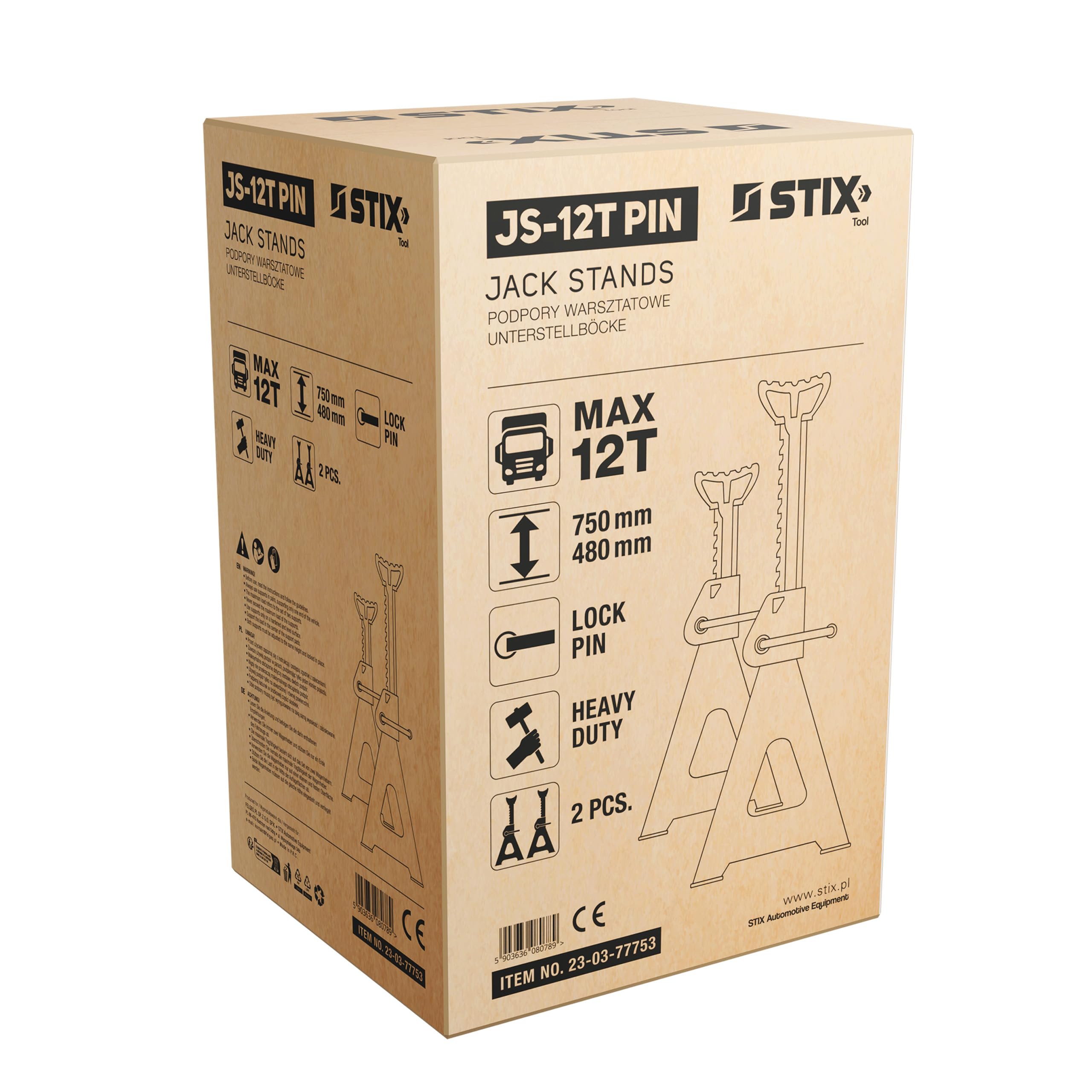 STIX Lot de 2 tréteaux 12T avec goupille de sécurité | Béquille de levage 480-750 mm, hauteur réglable à 13 niveaux, support de cric pour camionnette, camion, atelier