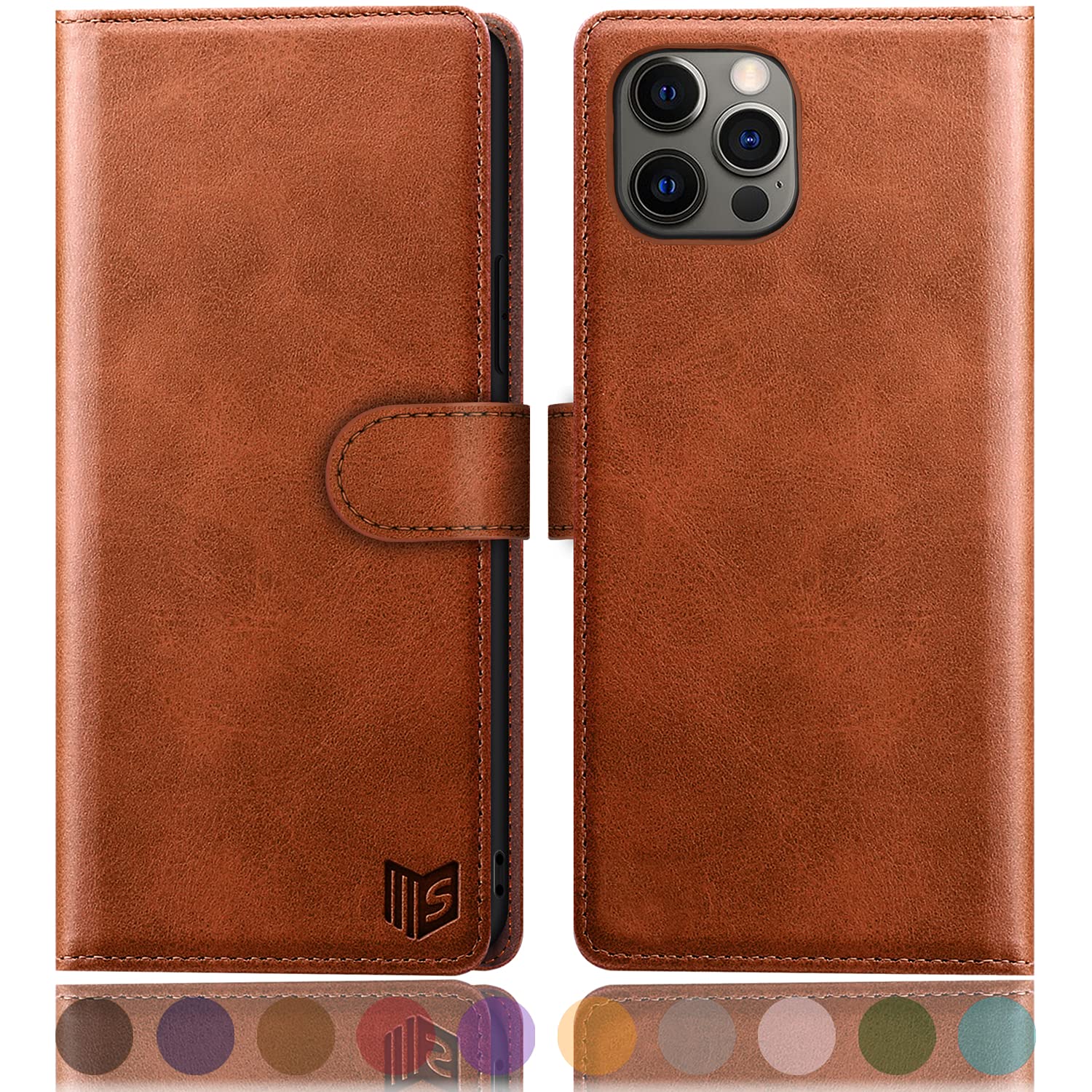 SUANPOT for iPhone 12/12 Pro 6.1" Leather Wallet Case with RFID Blocking, Card Holder, Shockproof Flip Cover, Light Brown