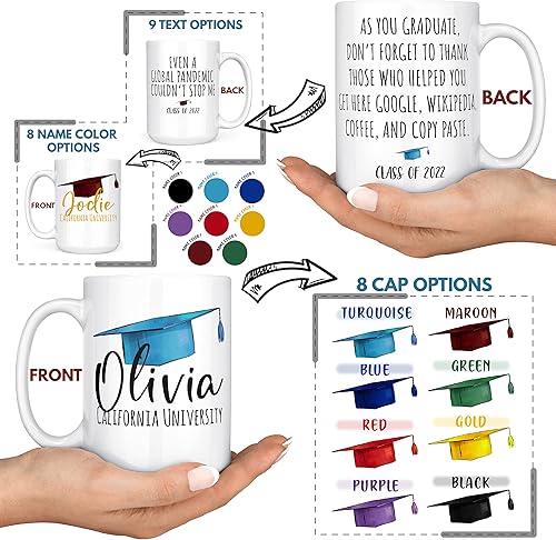 Miniatura 2 de Regalos de graduación 2022, taza de graduación personalizada con nombre, 9 colores, 2 tamaños, 9 citas, regalos de graduación universitaria para él,