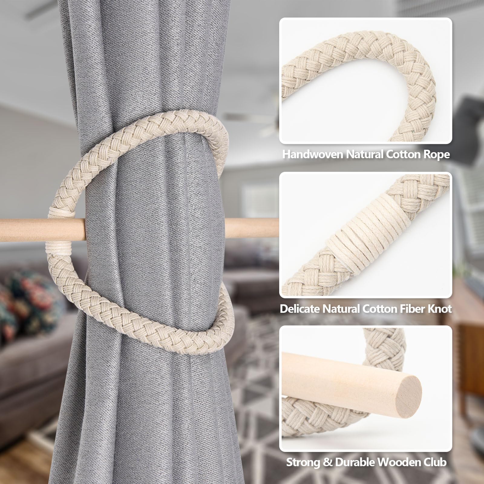 Pretty Jolly 4 Pack Natural Cotton Rope Curtain Tiebacks Boho Rustic Style Decorative Drape Tie Backs Farmhouse Hand-Woven Curtain Holdbacks with Wood Club for Home & Office Drapery (Cotton loop-01) - Image 3