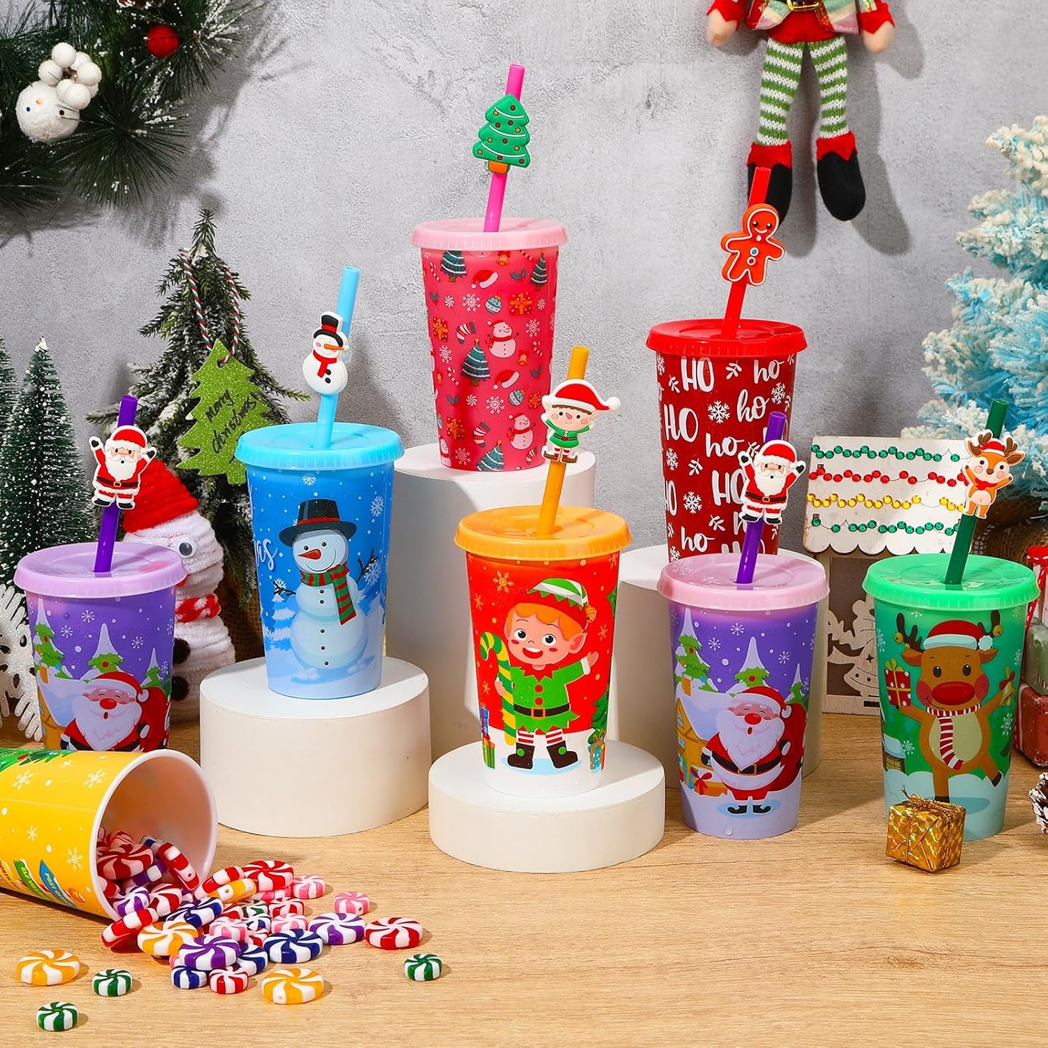 Jansun 12pcs Christmas Color Changing Cups with Lids and Straws 12Oz Reusable Plastic Cups for Party Decorations Winter Christmas for Holiday Birthday Party Favors Supplies - Image 4