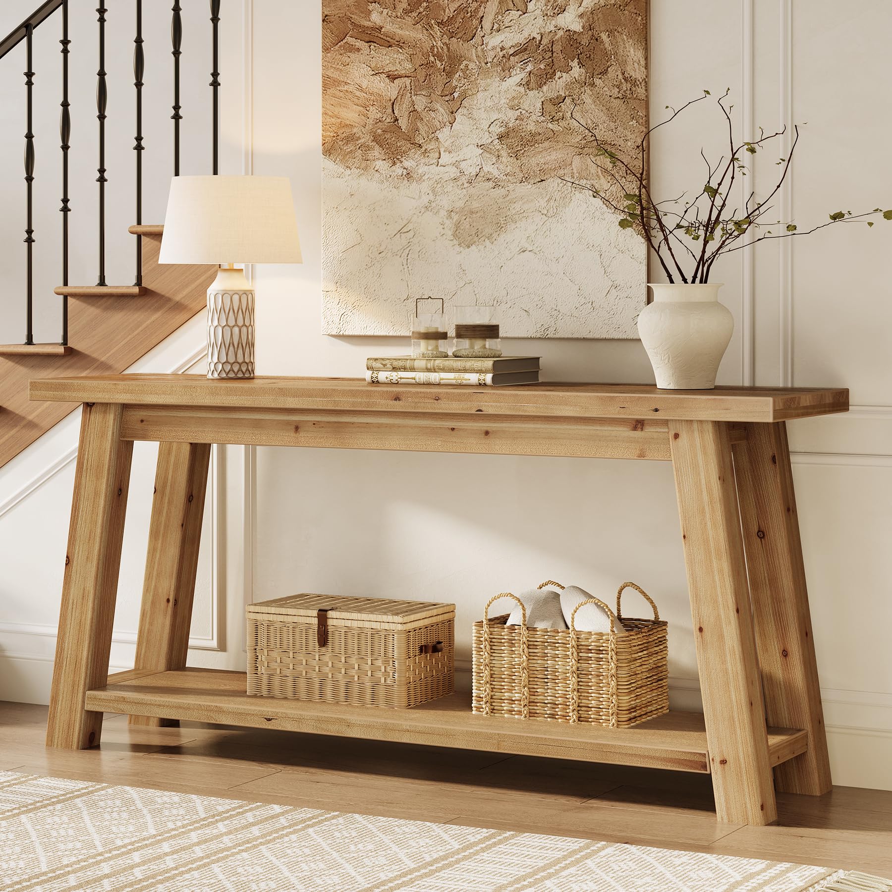 Consola de madera maciza 180 cm, 2 niveles, mesa de sofá estrecha estilo granja para entrada, sala de estar, dormitorio, detrás del sofá, color madera natural, montaje fácil