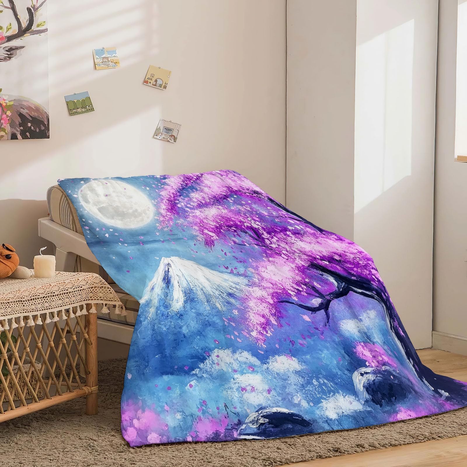 Miękki i lekki koc polarowy, elegancja w kwiaty księżyc, oddychający koc flanelowy, zmywalny, 200 x 200 cm, odpowiedni do sofy w łóżku i na pikniki