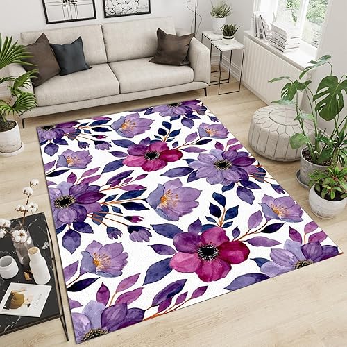 Alfombra de área de flores simples moradas, retro, clásica, para interiores, dormitorio, duradera, moderna, lavable a máquina, cálida, adecuada para
