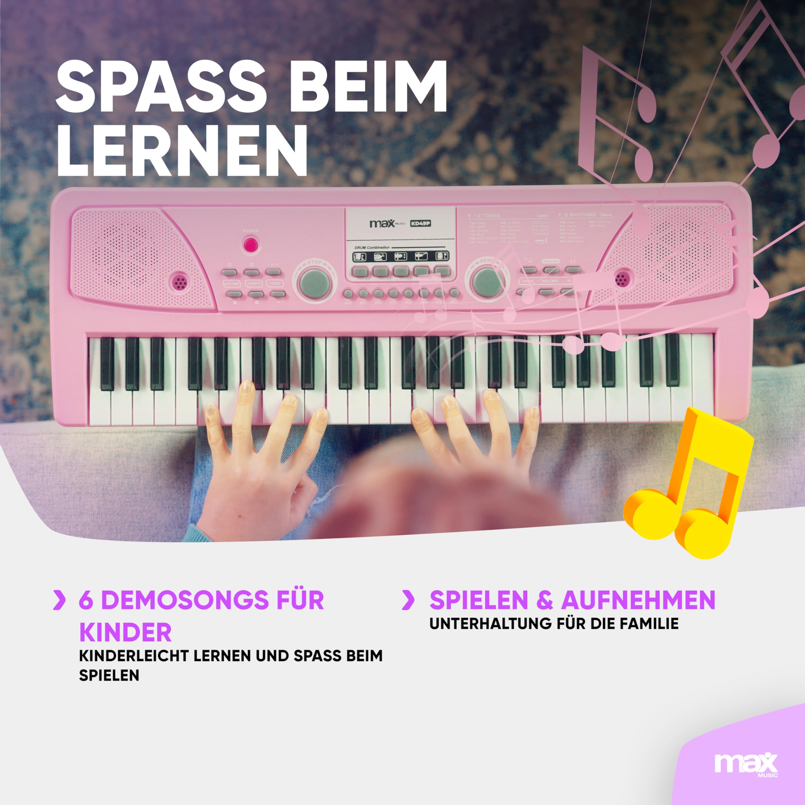 MAX KD49P - Kinder Keyboard mit 49 Tasten mit Mikrofon, 16 Klangarten, 8 Rhythmen & Sounds, Kinderklavier mit Aufnahmefunktion, 8h Akku - E Piano Kids, Keyboard Piano Spielzeug für Kinder ab 4 Jahre