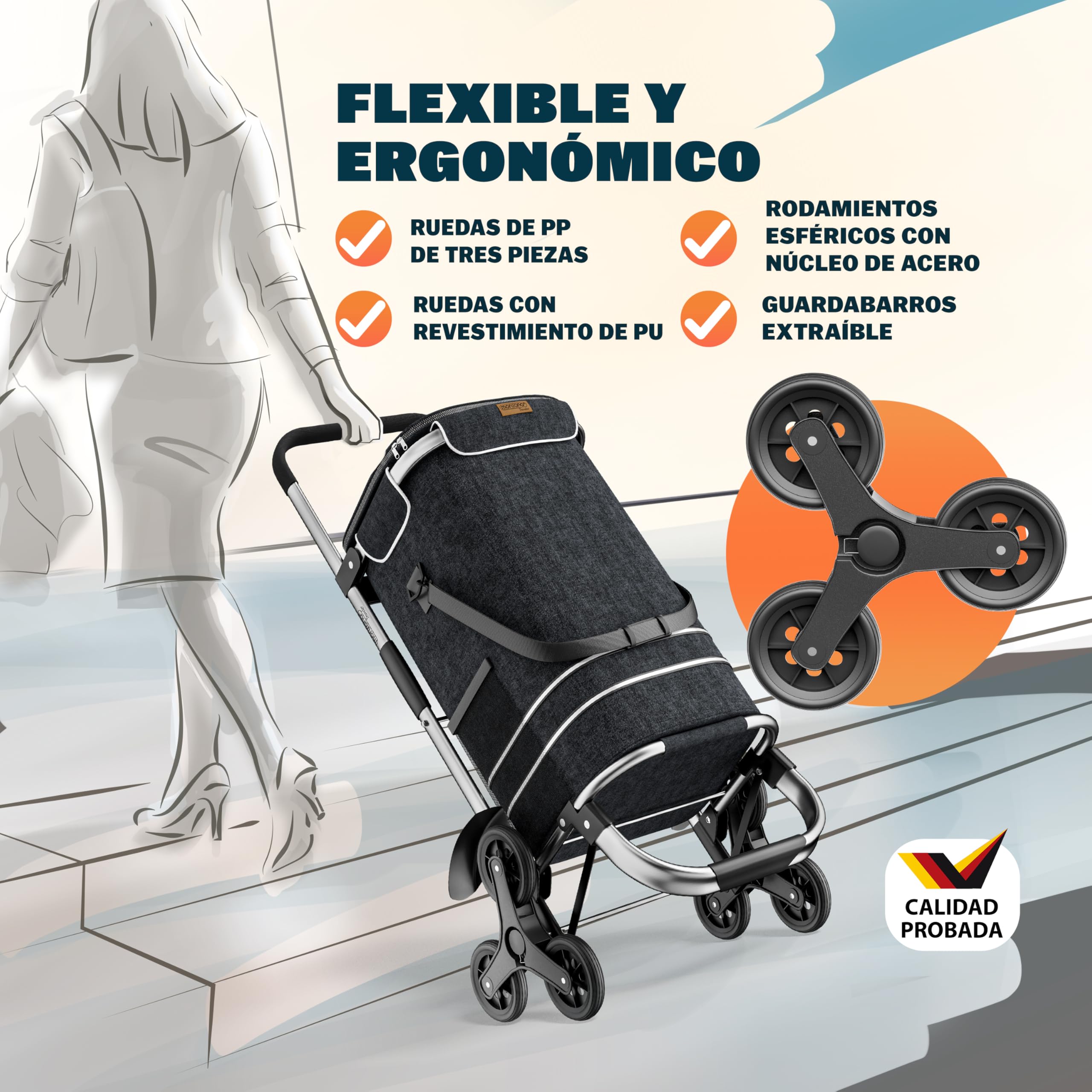 MONZANA® Carrito de Compras Plegable hasta 50Kg Bolsa Extraíble Compartimento Isotérmico de 10L 6 Ruedas 3 Bolsillos