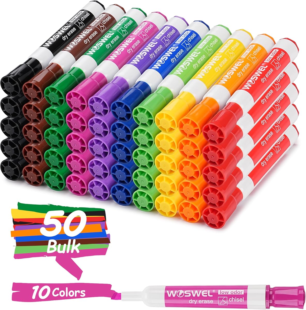 Dry Erase Markers Bulk, Chisel Tip Whiteboard Markers, Low Odor Thick Dry Erasable Markers, 50 Count 10 Assorted Colors for Teachers, Classroom, Office & Home Use