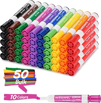 WOSWEL Dry Erase Markers Bulk, Chisel Tip Whiteboard Markers, Low Odor Thick Dry Erasable Markers, 50 Count 10 Assorted Colors for Teachers, Classroom, Office & Home Use