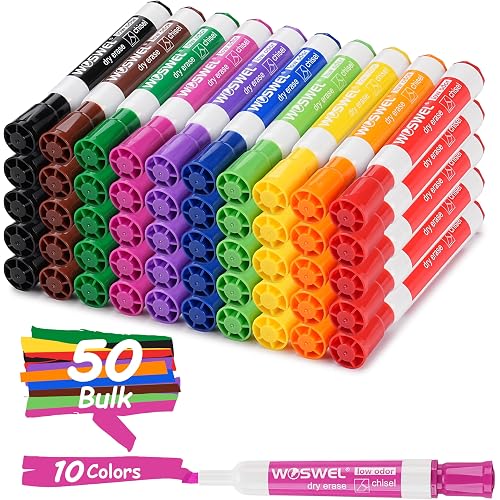 WOSWEL Dry Erase Markers Bulk, Chisel Tip Whiteboard Markers, Low Odor Thick Dry Erasable Markers, 50 Count 10 Assorted Colors for Teachers, Classroom, Office & Home Use