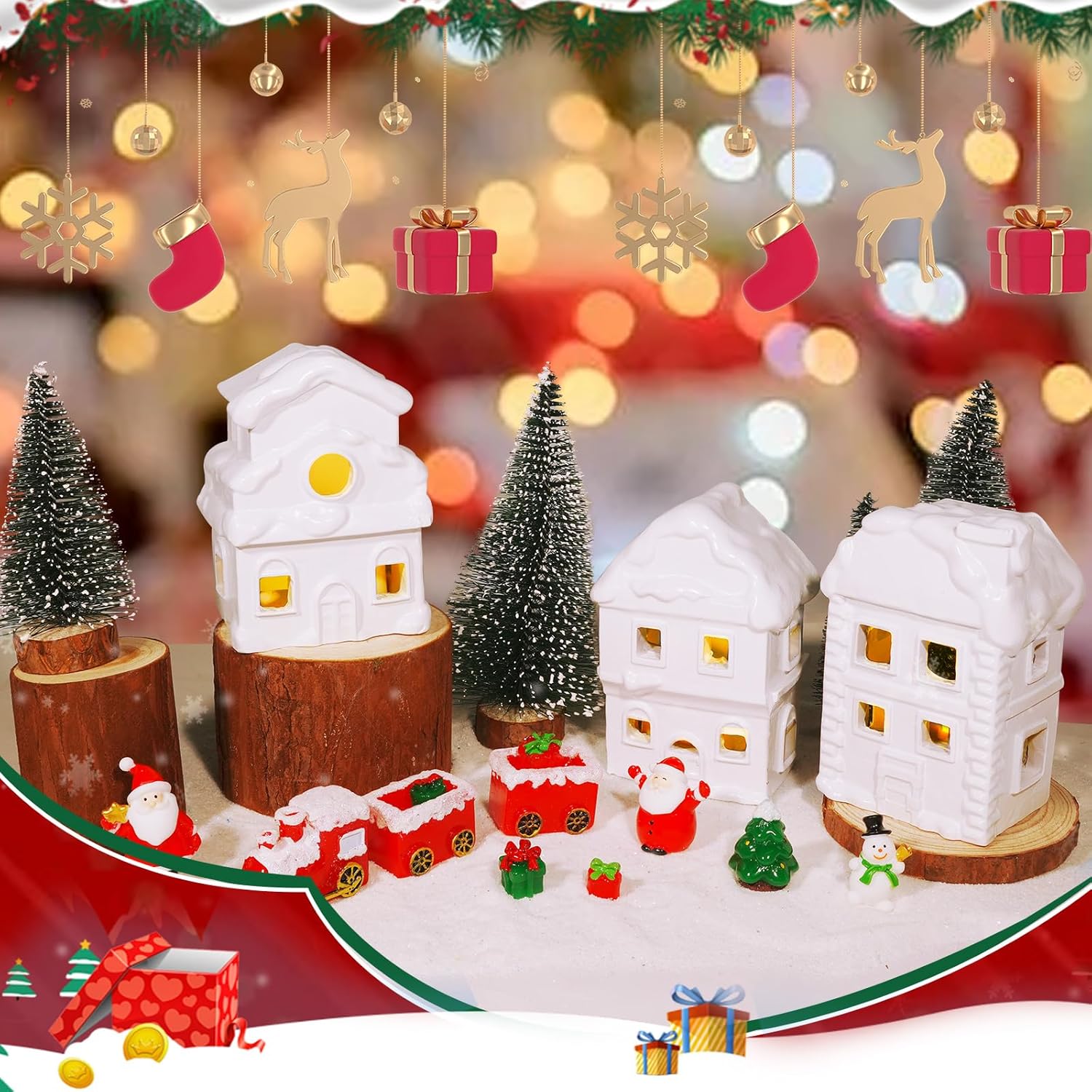 Wowagoga 21 Pcs Ceramic Christmas House Village Sets, 4.3 Inch White Resin Houses, Christmas House Decor Figurines Town with Light-Up - Image 7
