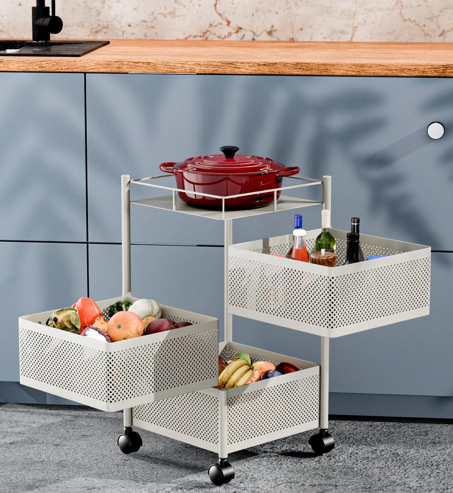 TEX-RO Kitchen Trolley with Wheels | 3-Layer Metal Vegetable Basket Stand & Kitchen Storage Rack | Multipurpose Kitchen Organizer for Onion Potato Storage (White)