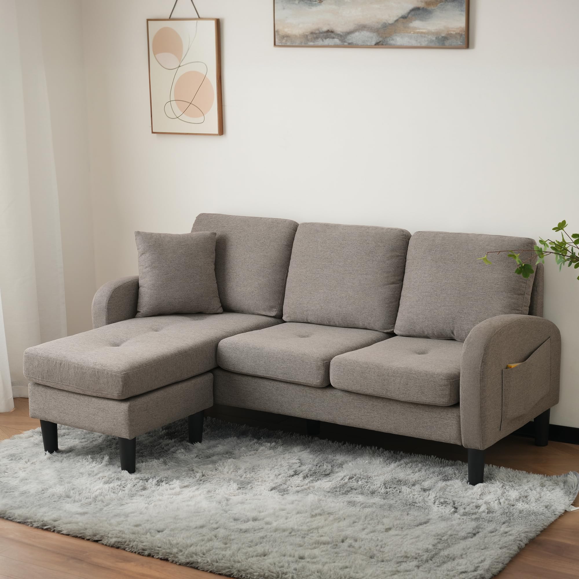 KAZZIO Sofá esquinero en forma de L con chaise longue – Sofá de 3 plazas, tela de lino de algodón transpirable, patas de plástico, diseño modular, ideal para salones, apartamentos y oficinas (gris