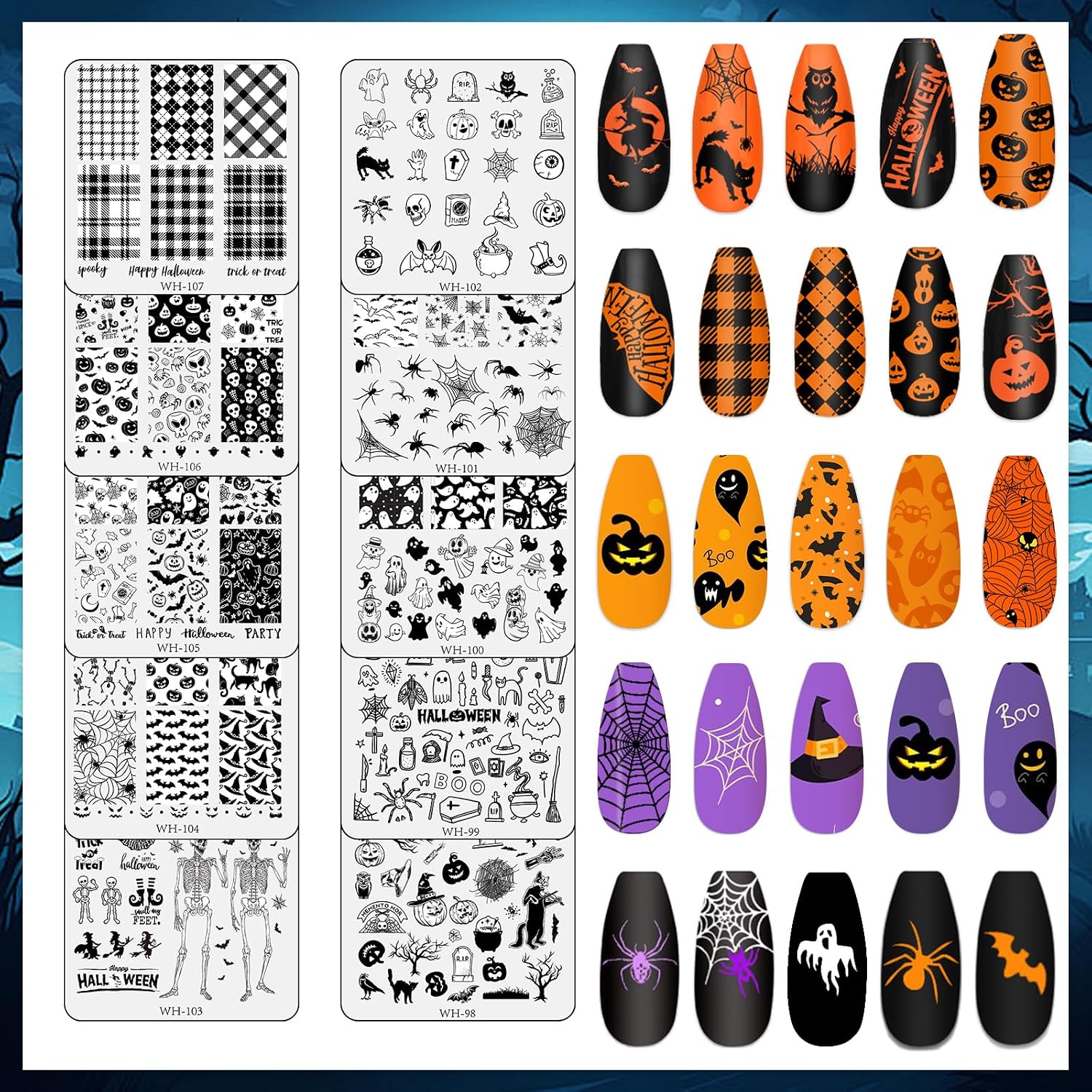 Whaline 10Pcs Halloween Nail Art Stamping Plate Kit Spooky Pumpkin Ghost Skull Plaid Design Nail Art Plate for Holiday DIY Print Manicure Salon