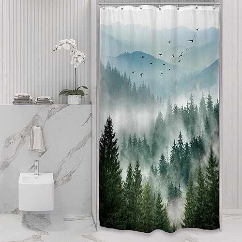 Miniatura 50 de Riyidecor Cortina de ducha de montaña verde rústica para baño, paisaje de bosque, paisaje, tela impermeable, paisaje alpino, decoración de baño