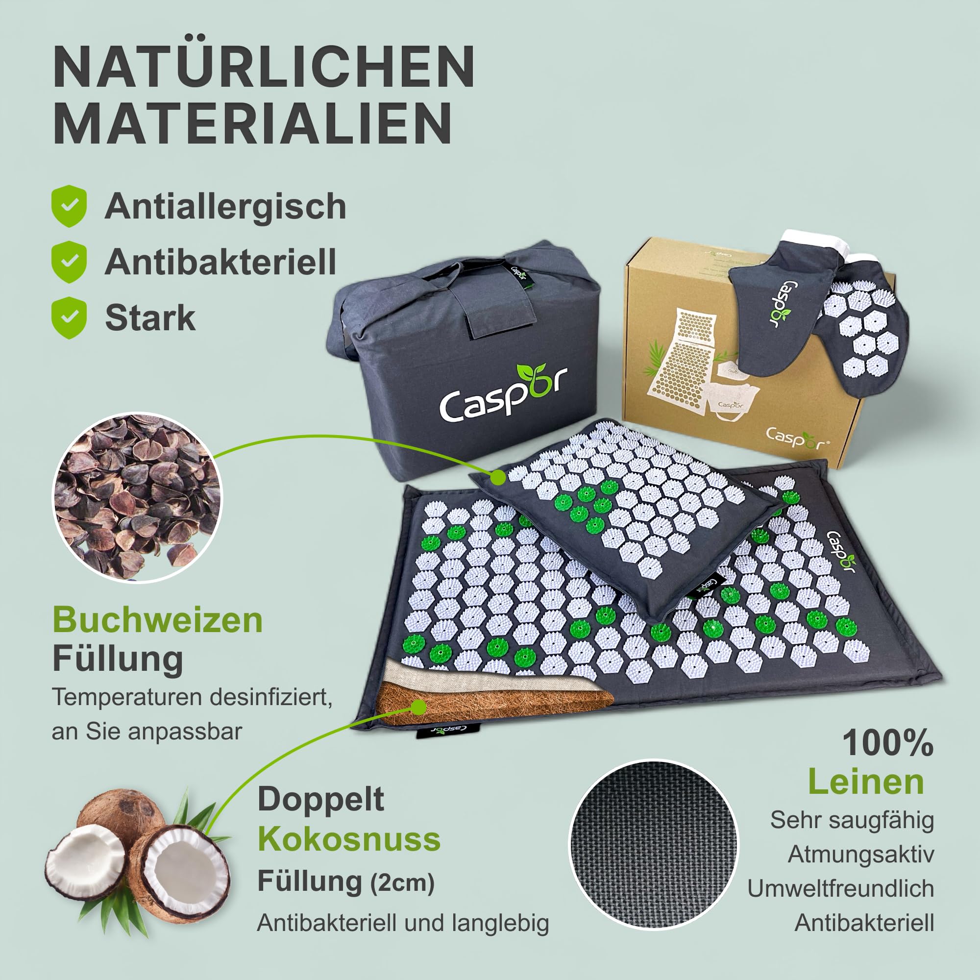 Premium Akupressur-Bundle: Matte & Kissen Set inkl. 6 Massage-Ringe (3 Größen) & Handschuhe – Öko-Leinen & Kokosfaser – Schmerzlinderung & Entspannung für die ganze Familie
