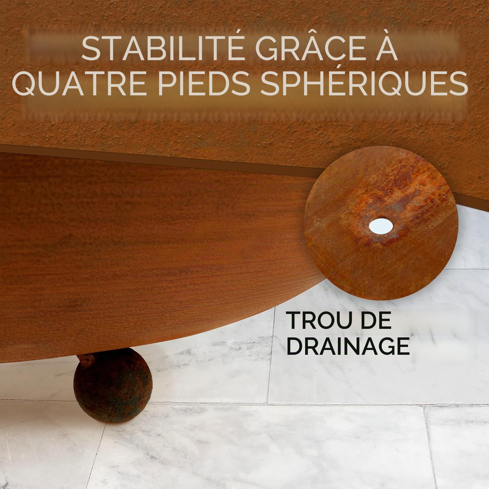 Rostikal Cortenstahl Bol décoratif en métal sur pieds sphériques - Pour l'extérieur - Résistant aux intempéries - Pour jardin, balcon et terrasse - 53 cm - Rouille