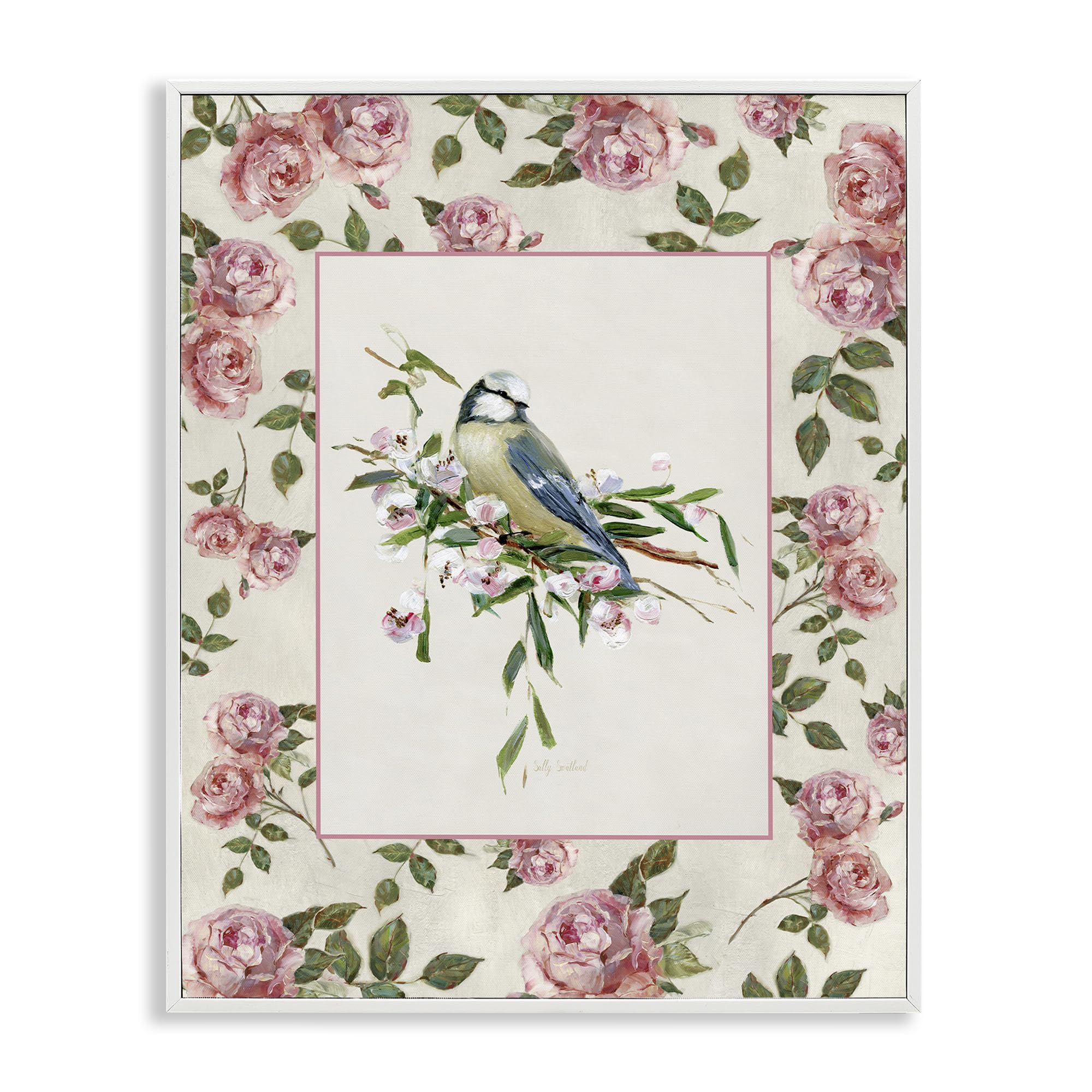 Dainty Roses Perched Bird Floral, 16 x 20 Inch Framed Giclée Print