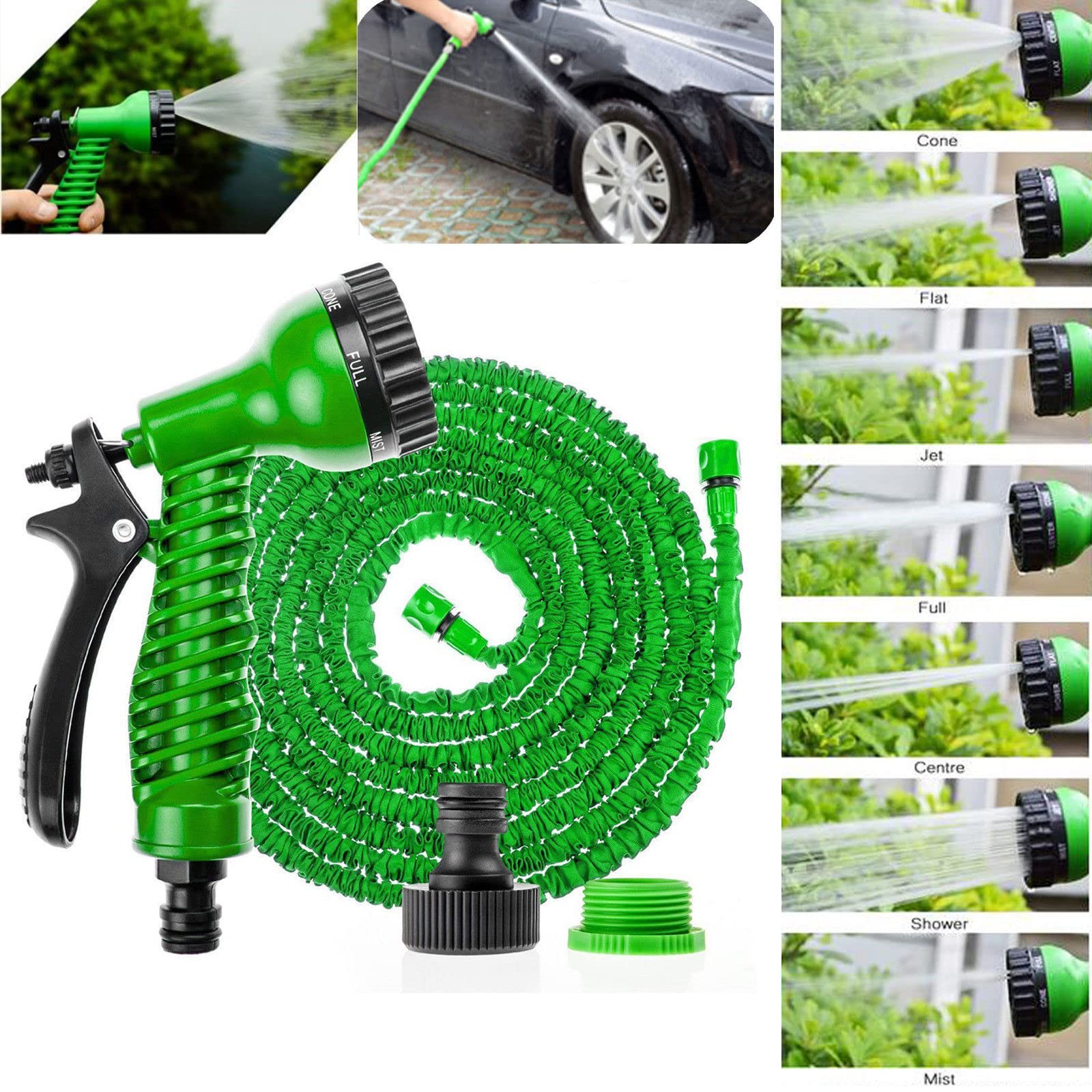 Lizzie Jacobs Green 50Ft And 100Ft Garden Hose Pipe Ez Expandable Garden Water Hose Pipe With Nozzle And 8 Function Spray Gun Fitting Anti-Leakage Kink Free Flexible Lightweight Extra Strength Garden Hose (, 100Ft)
