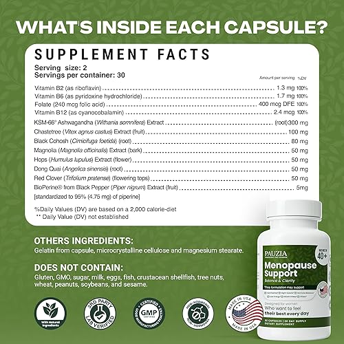 Miniatura 5 de PAUZIA - Suplementos para la menopausia para mujeres mayores de 40 años, alivio natural de la menopausia con cohosh negro, Ashwagandha, Vitex, apoyo