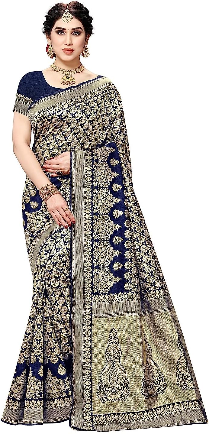 Women's Trendy Banarasi Kanjivaram Navy Color Art Silk Saree with Blouse Material