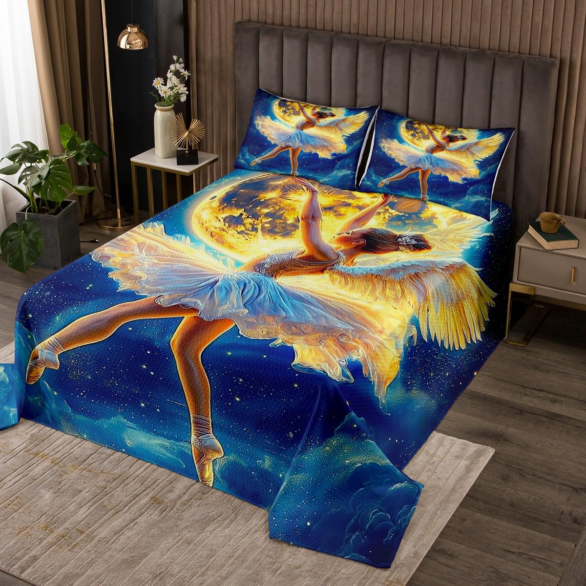 Ballet Girl Coverlet Set King Size Dreamy Swan Wings Bedspread Fashion Room Decor Gymnastics Artistic Dancer Quilted for Girls Gift Western Fairy Tale Bedding with 2 Pillowcases